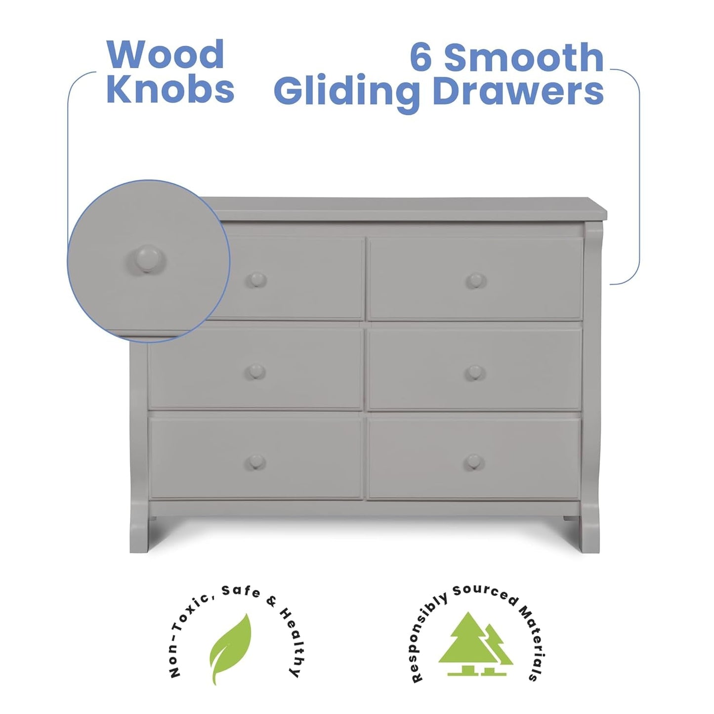 Six Drawer Dresser In Grey With Interlocking Drawers