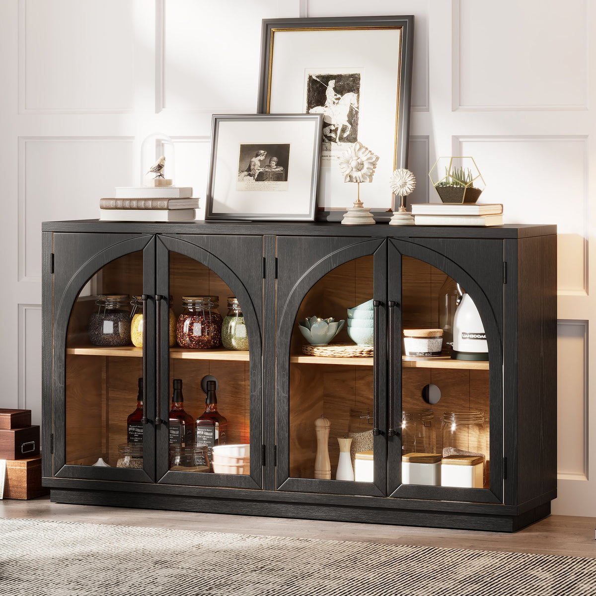 TREXM 4-Door Large Storage Sideboard Buffet Cabinet with Glass Doors - Black