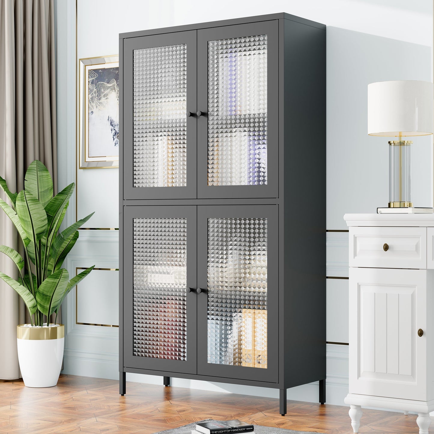 Classic Metal Storage Cabinet Display Cabinet with 4 Glass Doors 4 Shelves Cabinet  Bookcase Side Cabinet for Home Office Living Room Kitchen Hallway - Black, Waffle Grids Tempered Glass