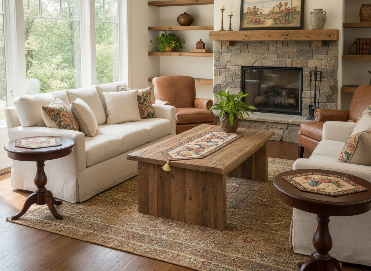 Set of 3 Colorful Country Rustic Floral Morning Awakening Table Runner Set on a rustic coffee table in a cozy living room.