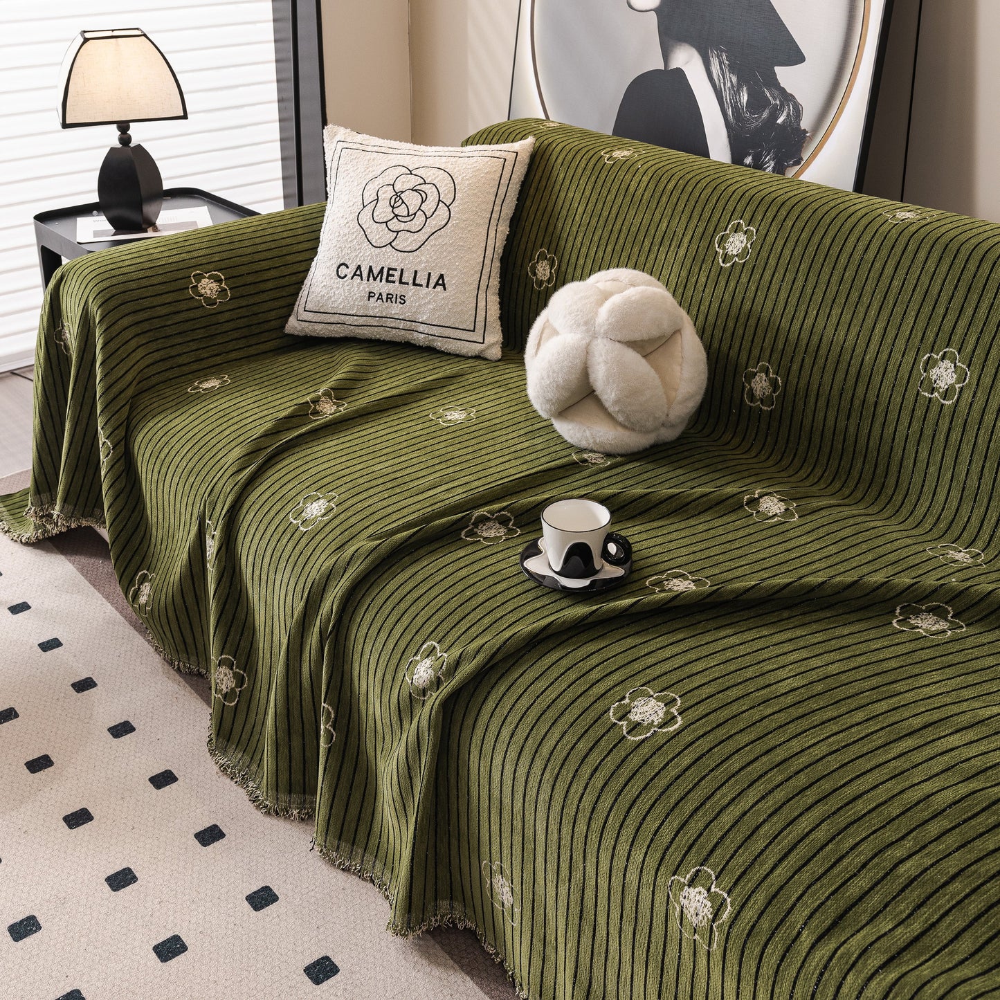 Chenille Camellia Floral Sofa Throw Cover Couch Blanket with Striped Jacquard