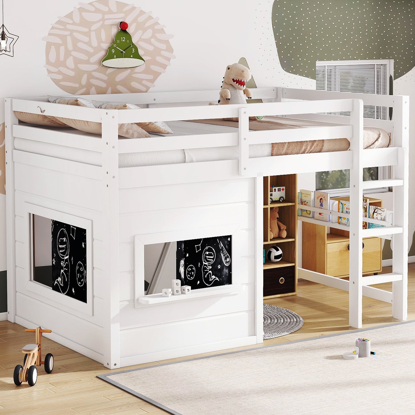 Twin Size Loft Bed With Playful Sliding Chalkboard