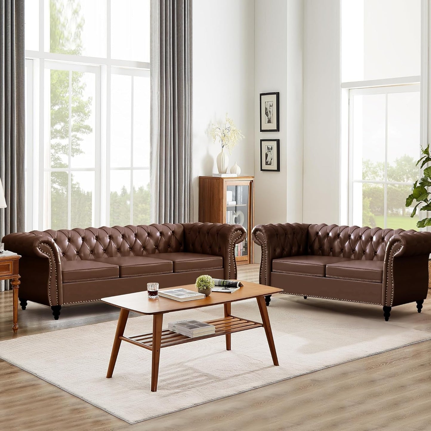 3 Piece Living Room Set With Sectional Chesterfield Sofa Chair And Leather Upholstered Loveseat