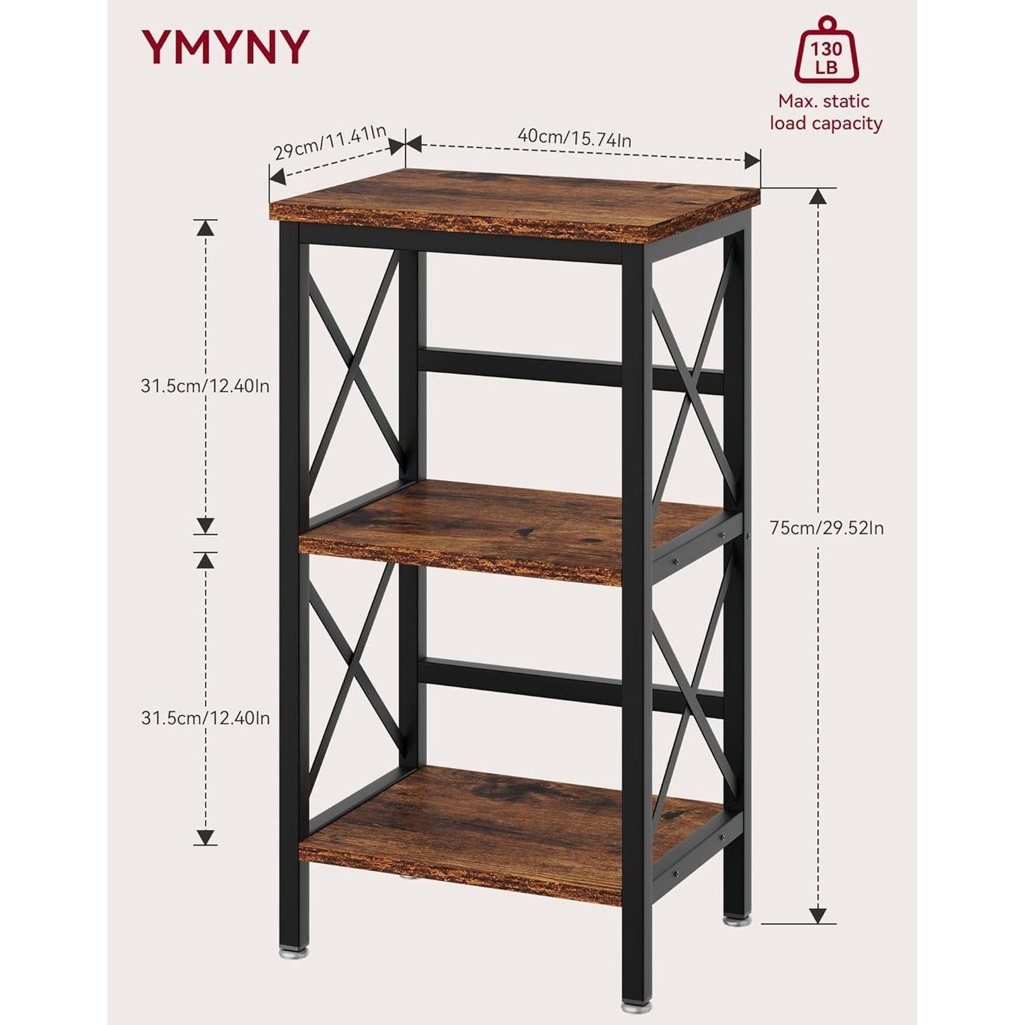 3 Tier Bookcase Industrial Metal Bookshelf With Side Fence in Rustic Brown Living Room Storage Display