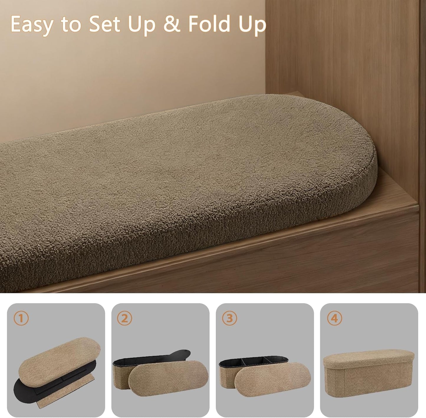 Brown 43 Inch Folding Storage Ottoman Sherpa Fabric