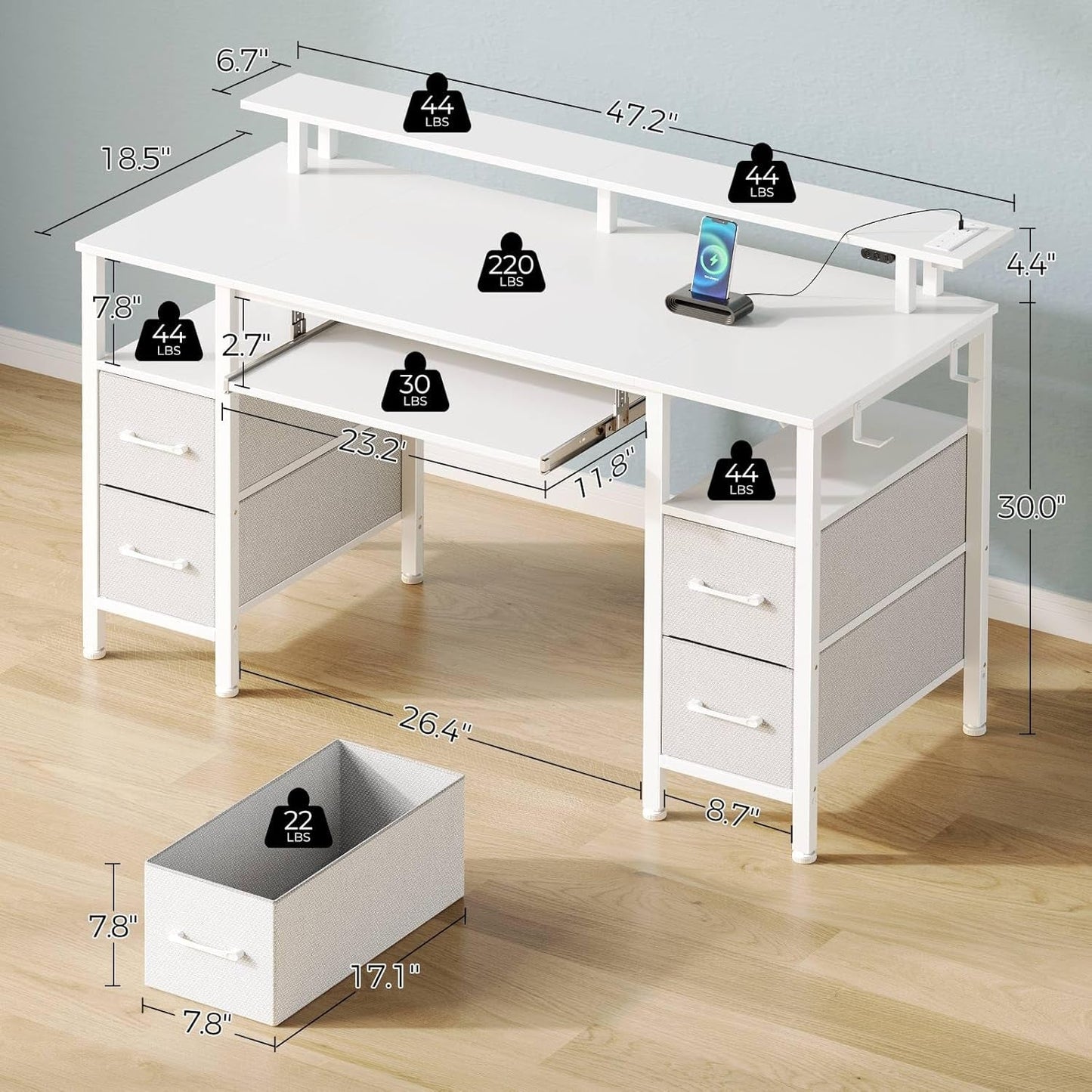 47.2 Inch White LED Desk With Power Outlets And Drawers