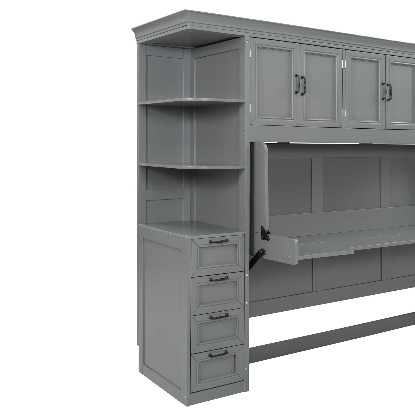 Twin Size Murphy Bed Wall Bed with Wardrobe, Cabinet and Desk, Gray