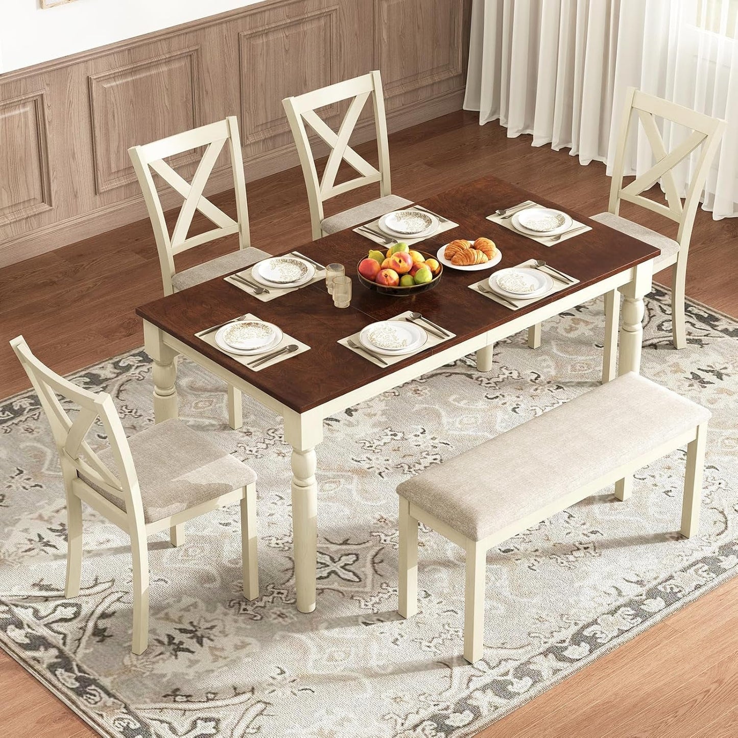 Sixty Inch Solid Wood Walnut Finish Dining Table Set Upholstered Chairs