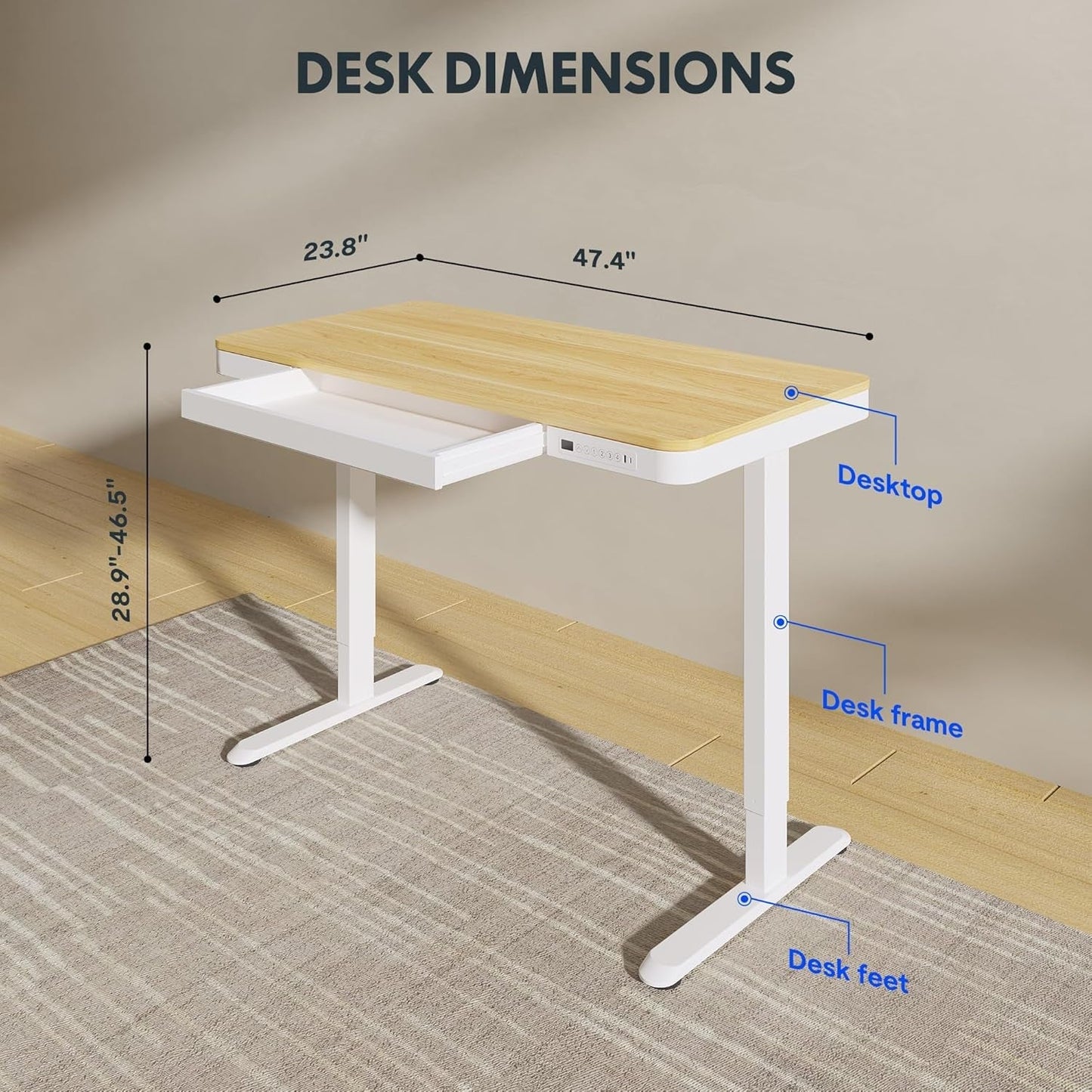 48 Inch Electric Standing Desk With USB Port And Drawers