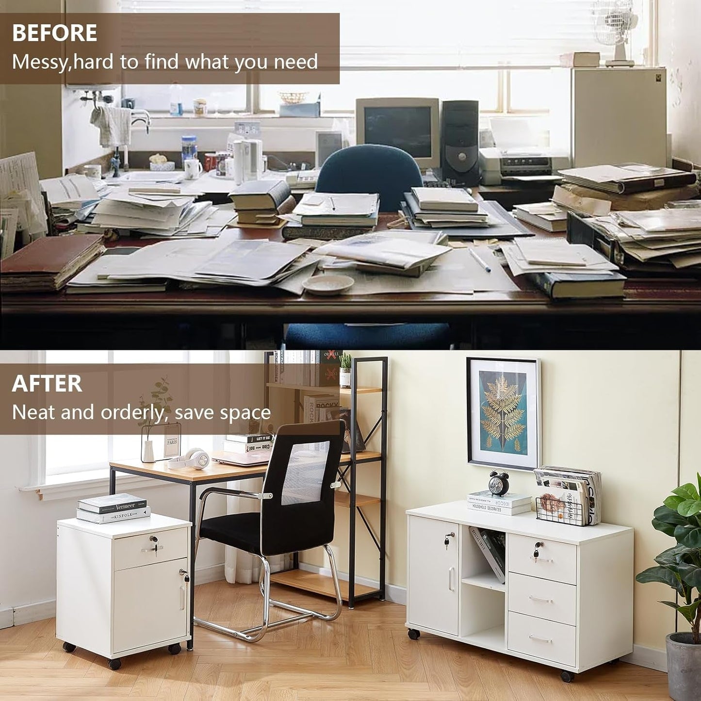 White Mobile File Cabinet With Lockable Drawer And Door