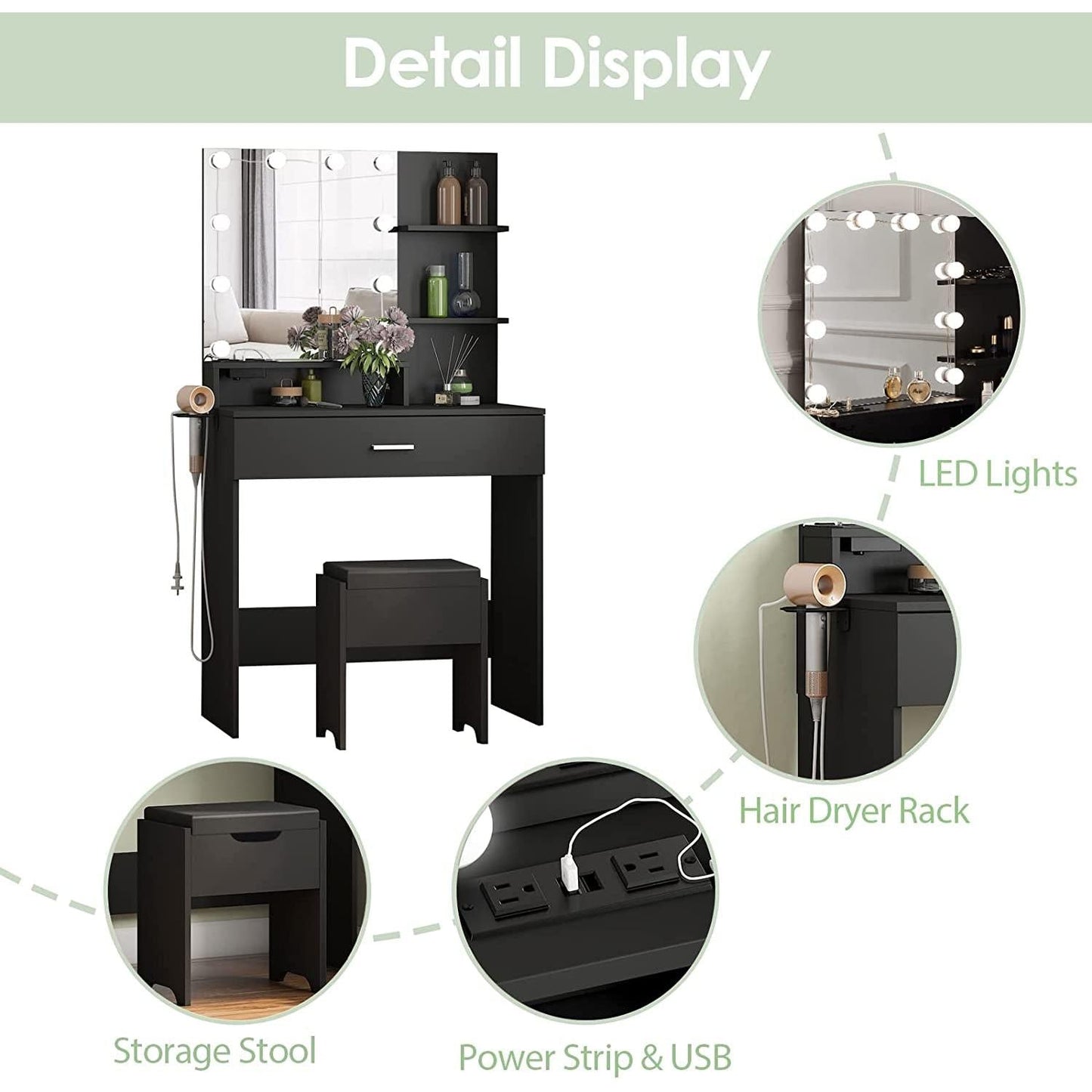 Black Makeup Vanity Table With Lighted Mirror And USB Ports showcasing integrated charging, storage stool, and LED lights.