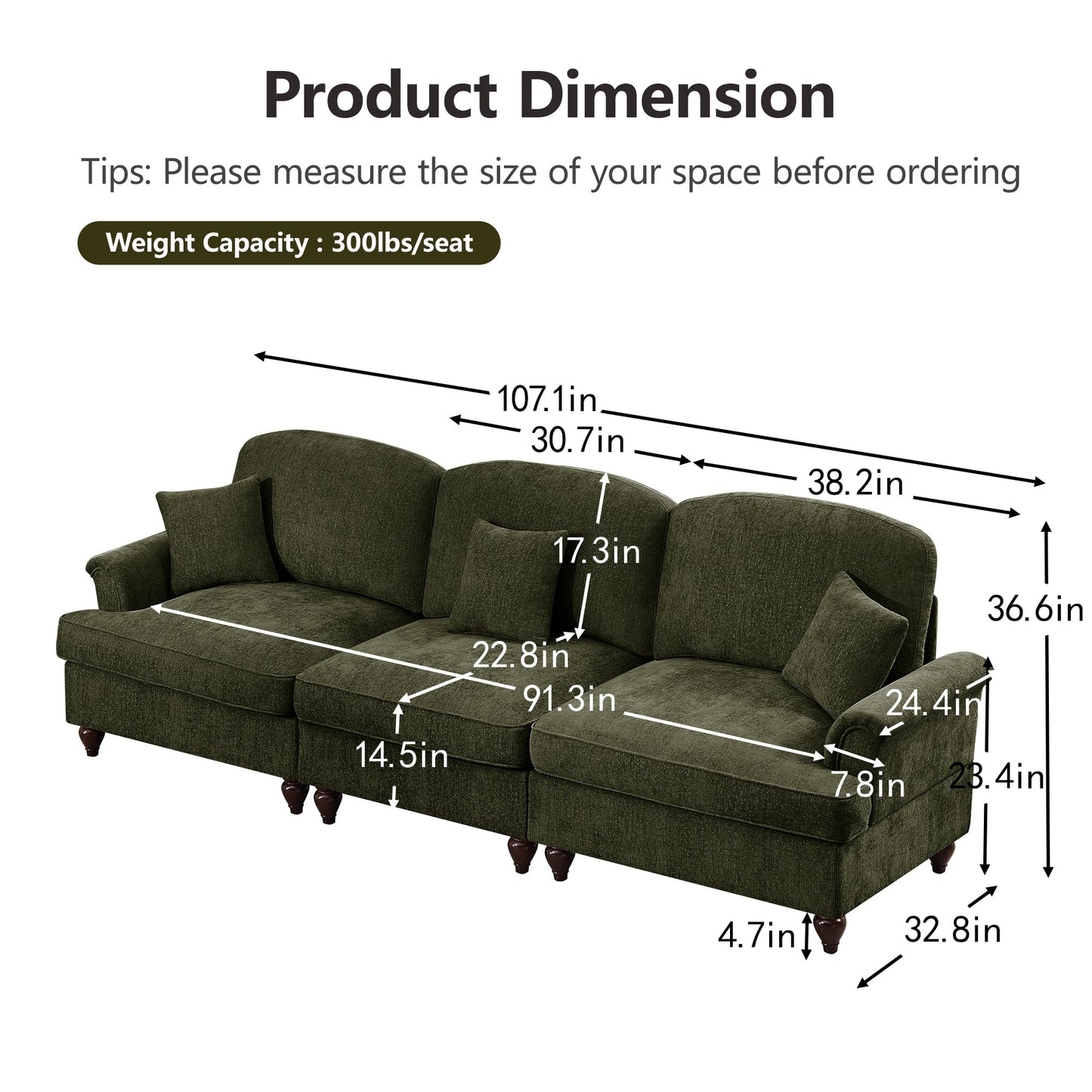 Elegant Mid Century Large 3 Seater Sofa Couch with Flared Arms and Removable Ruffles Pleats Skirts and Spindle Legs, Comfy Chenille Three-Seat Sofa for Living Room, Green