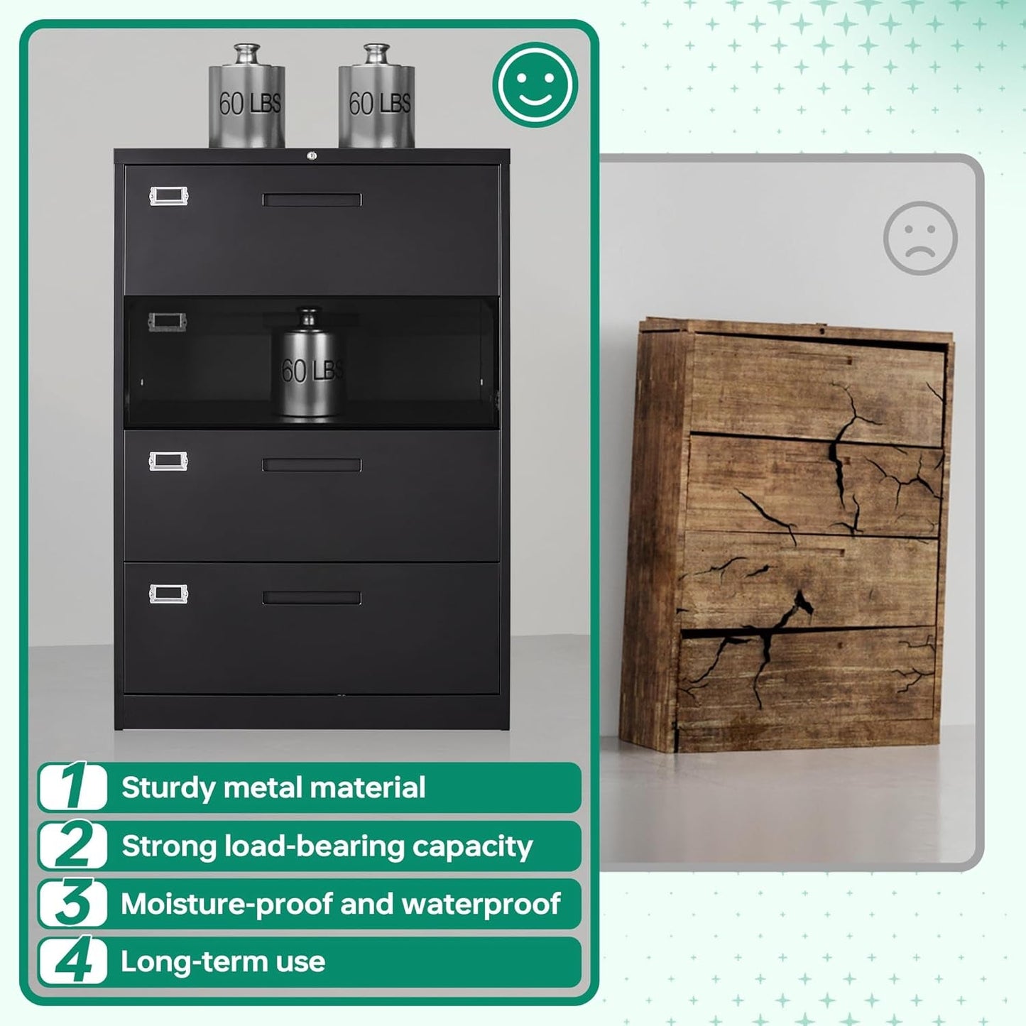 4 Drawer Metal Lateral File Cabinet With Lock For Office