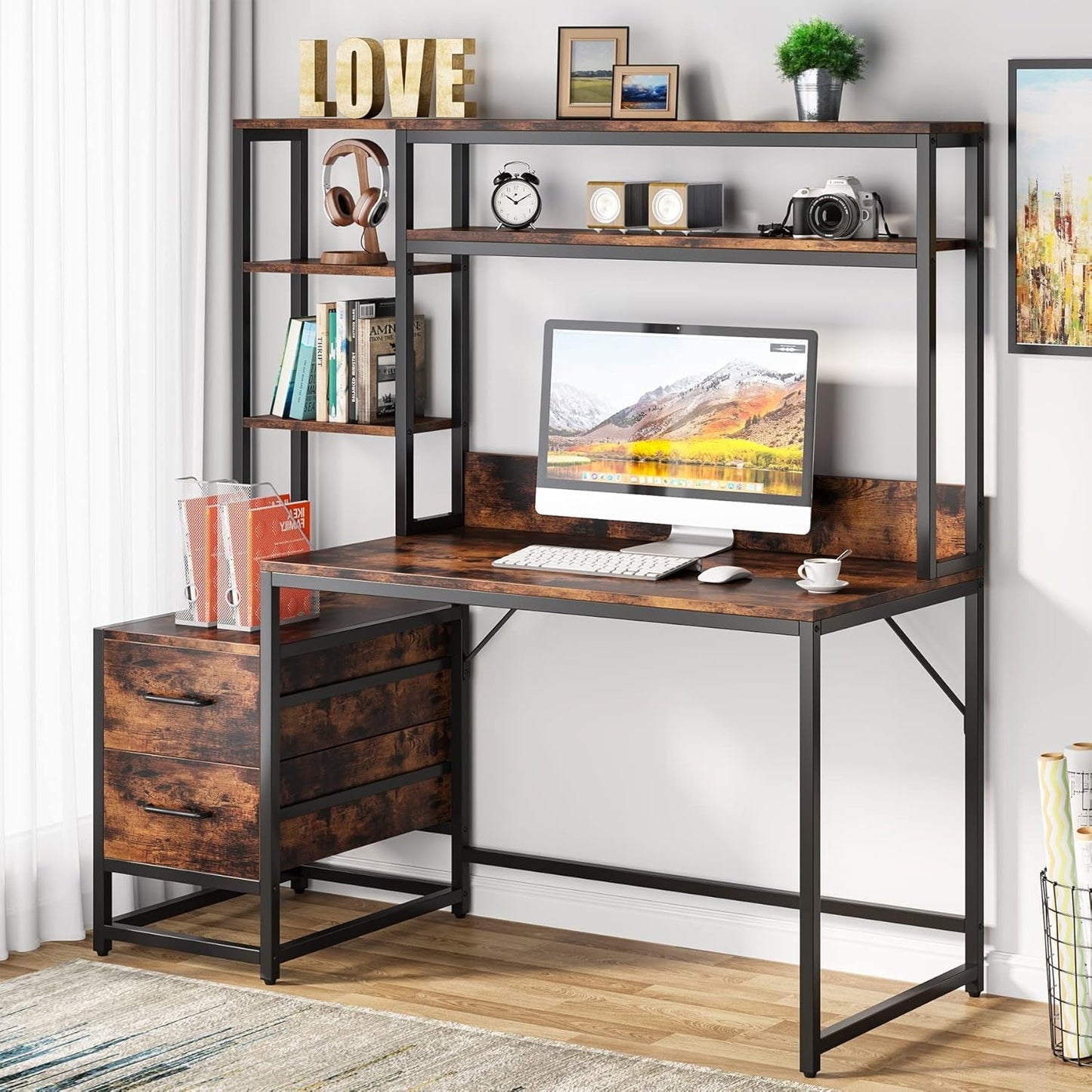 55 Inch Rustic Brown Computer Desk With Drawers And Shelves