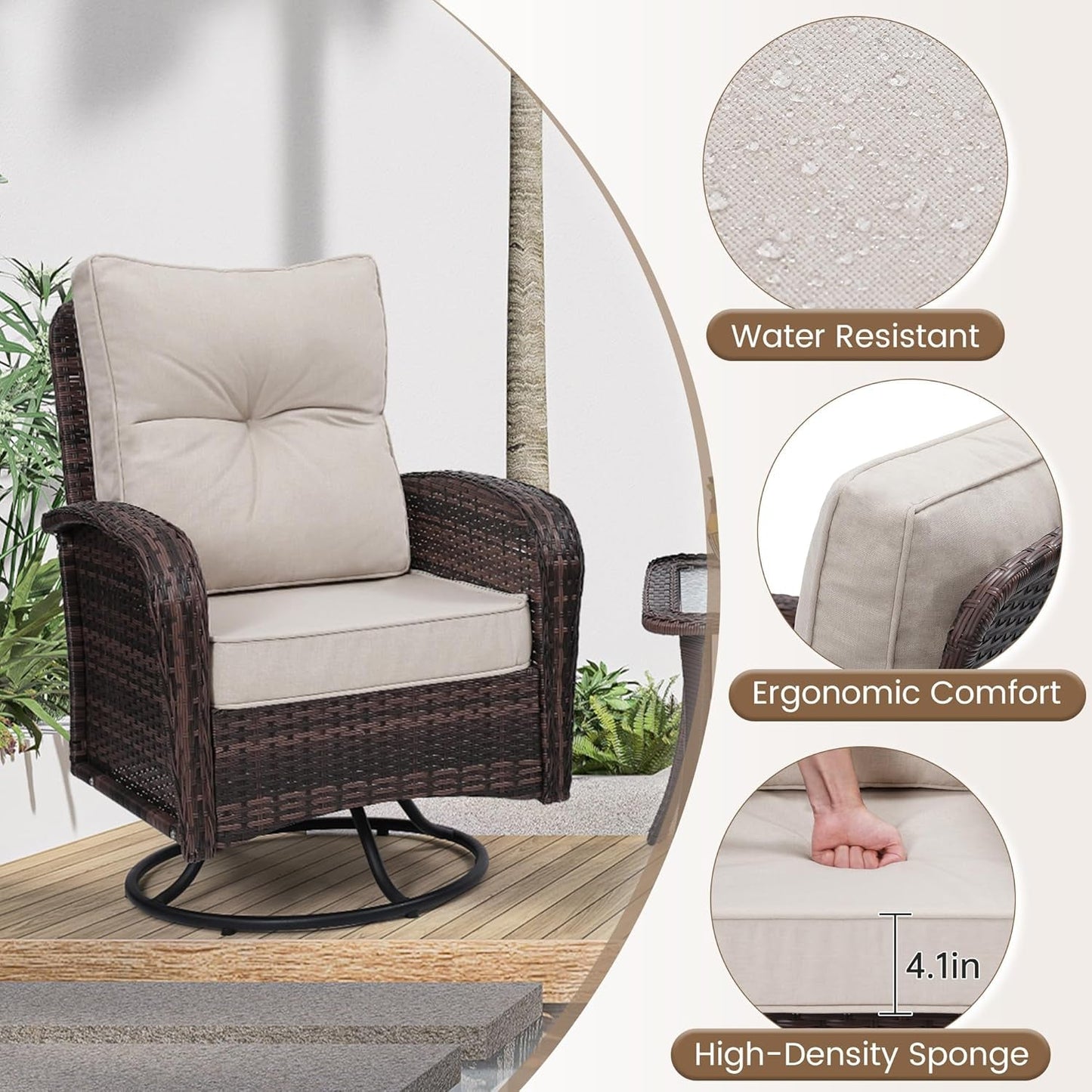 Two Outdoor Swivel Wicker Glider Patio Chairs With Table Set Brown Rattan And Beige Cushions