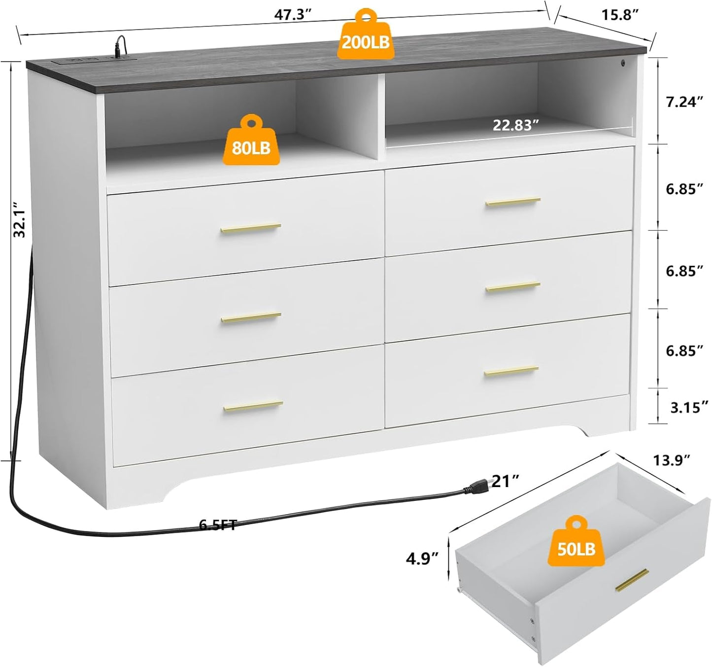 White Wooden Dresser With USB Charge Station For Bedroom