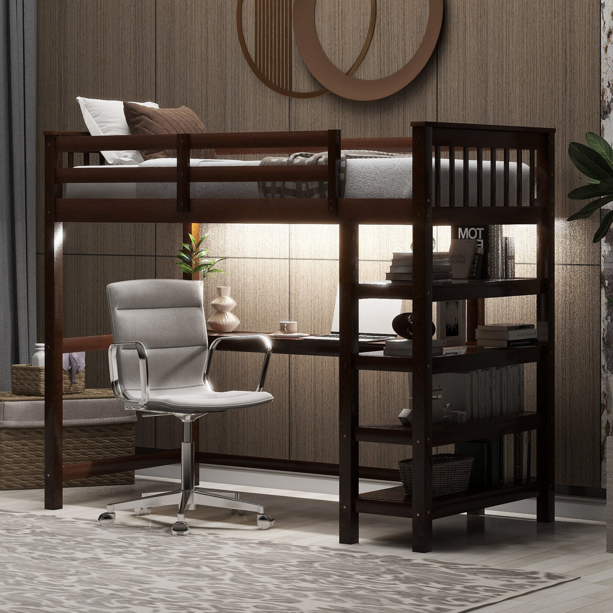 Twin Size Loft Bed with Storage Shelves and LED