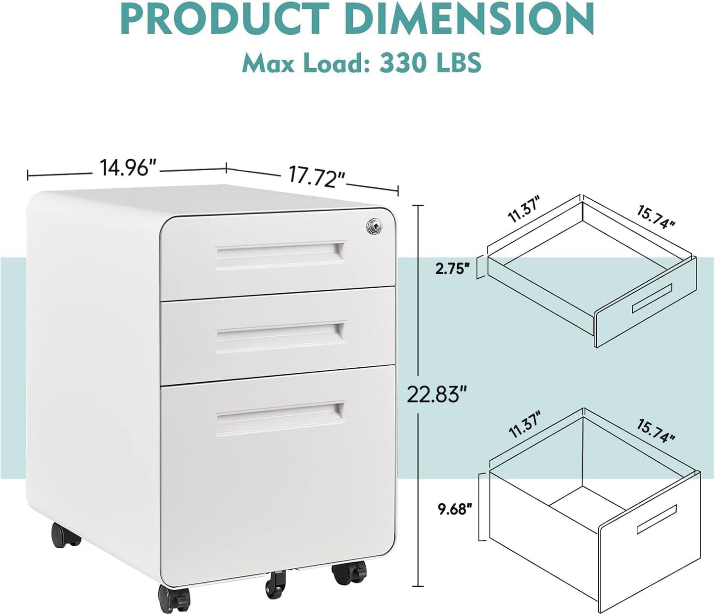 Mobile Filing Cabinet 3 Drawer White Lock On Wheels