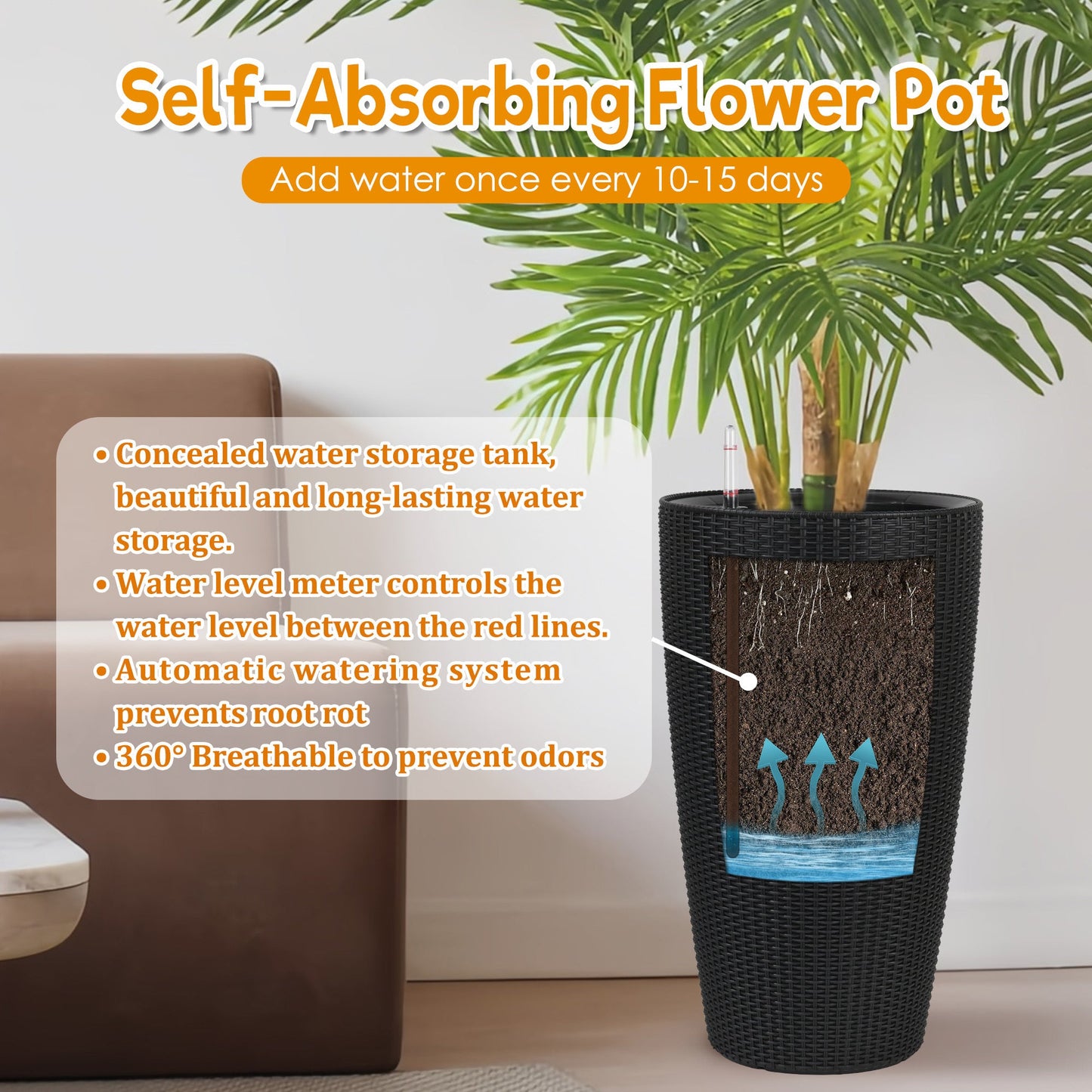 Faux Rattan Tall Planters Set with Water Level Monitor and Auto Watering, Black, Polypropylene, 22 Inch