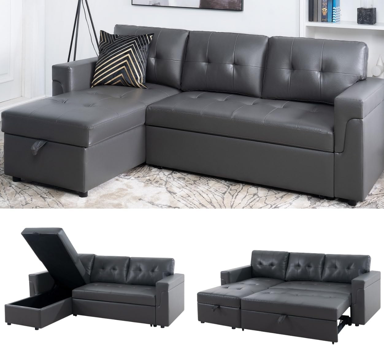 Sleeper Sectional Sofa With Convertible Bed In Dark Gray