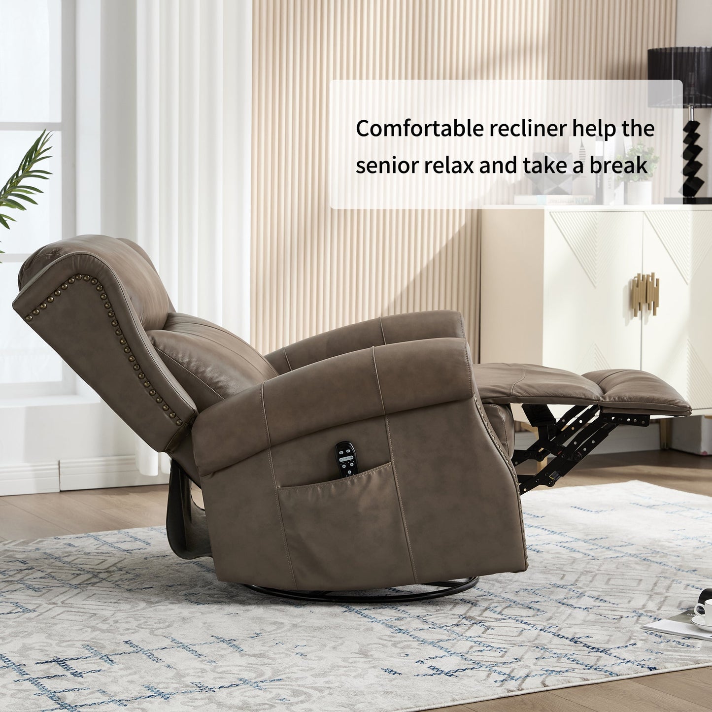 Heat Massage Manual Recliner Chair with Rocker and Swivel in Genuine leather for Living Room