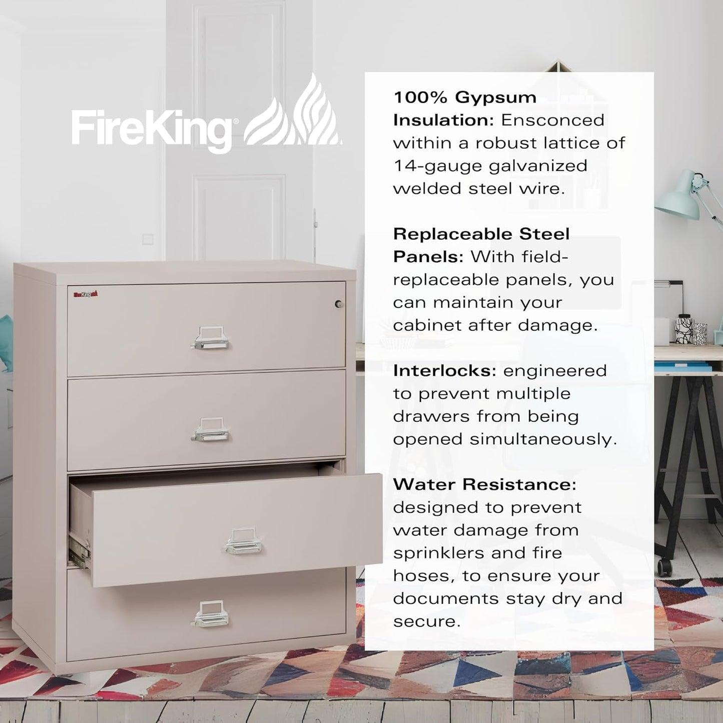 Lateral 4 Drawer Fire Safe File Cabinet With Lock 1 Hour Fire Rated Platinum