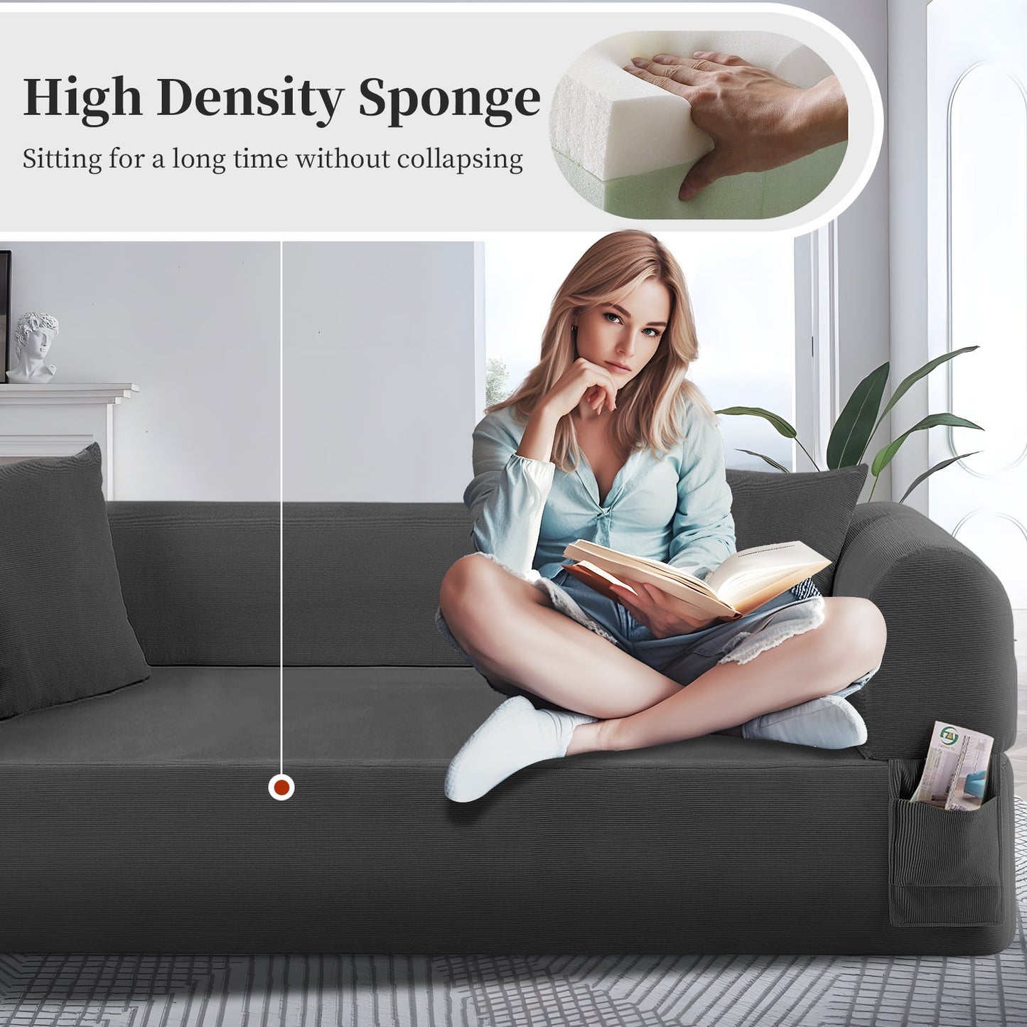 Spring Sofa with High-Quality Fabric, Pillows & Storage