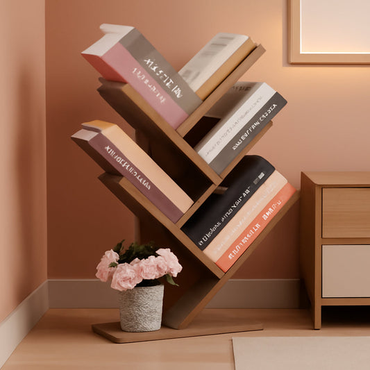 Greige 4 Tier Tree Bookshelf Modern Storage Bookcase