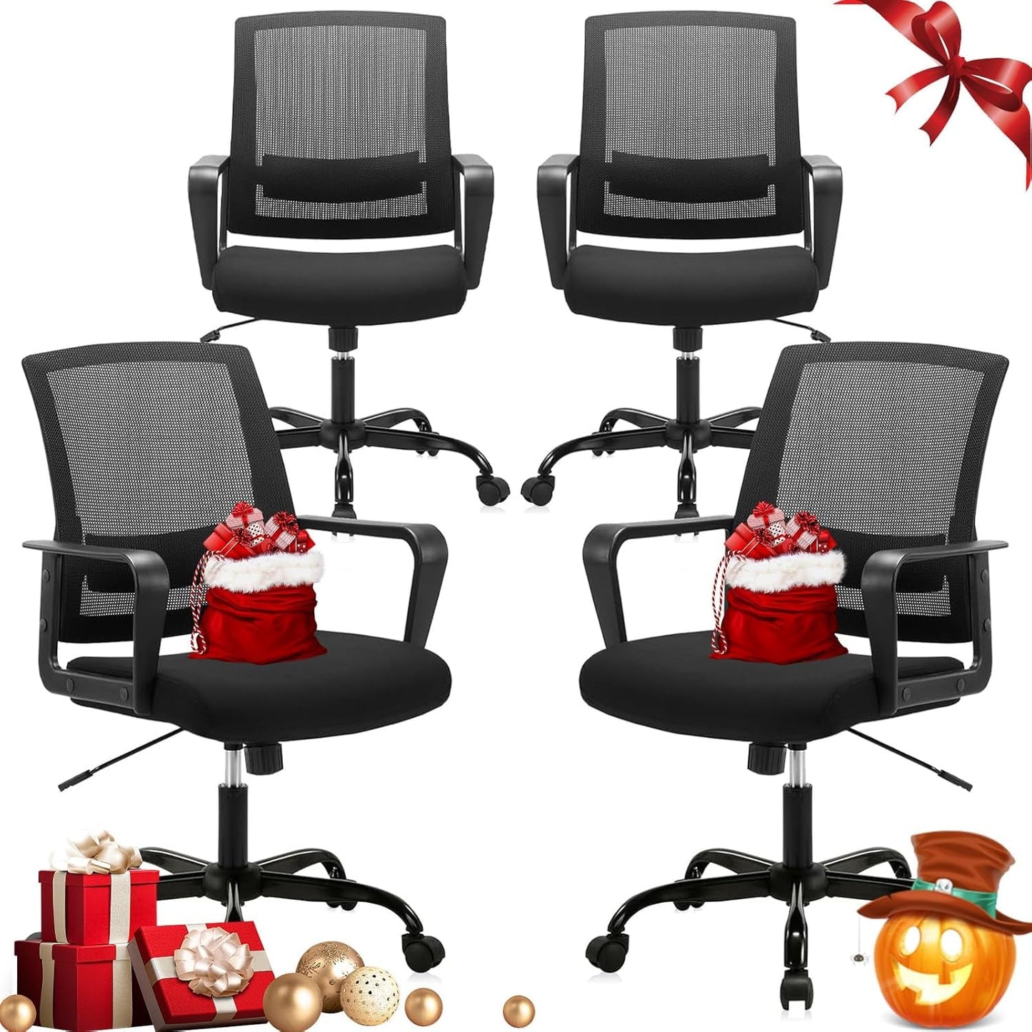 Ergonomic Black Mesh Office Chairs 4 Pack Lumbar Support