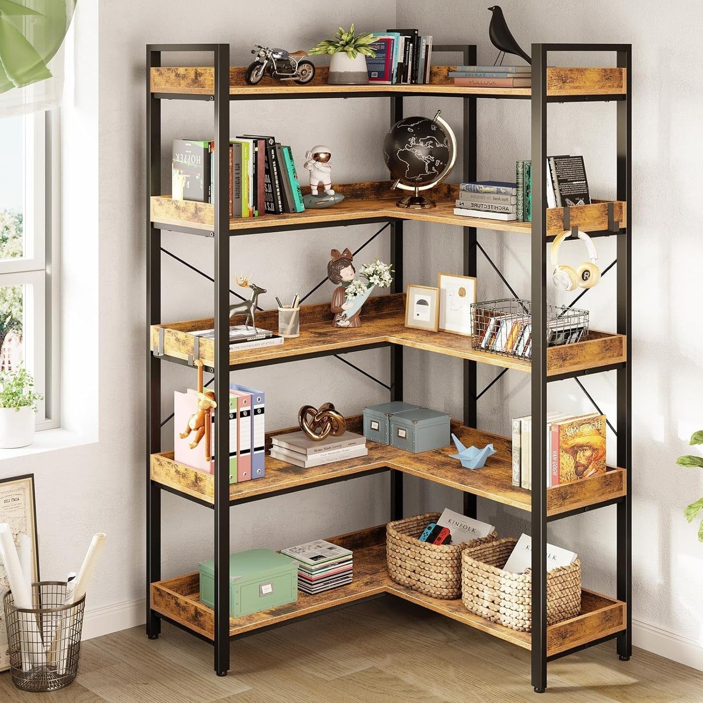 65 Inch Five Tier Corner Bookshelf With Open Shelves