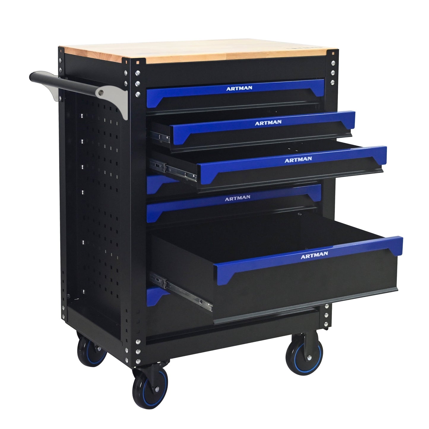 30-inch 7-drawer Wood-top Practical Rolling Steel Tool Cart, With Handle and Wheels, Storage Cabinet for Garages, Warehouses, Repair Shops, Requires Assembly of the the Tool Cart - Black & Blue