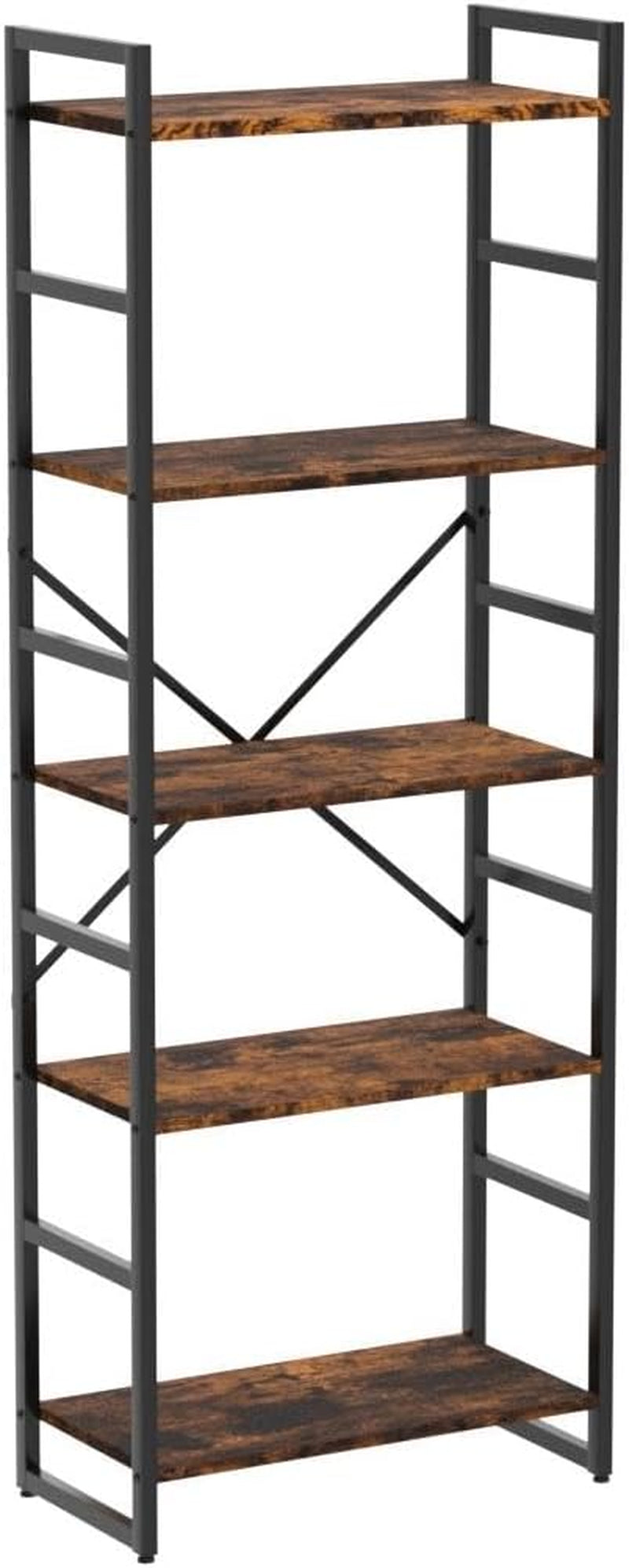 5 Tier Bookshelf Rustic Brown Tall Bookcase For Home Office