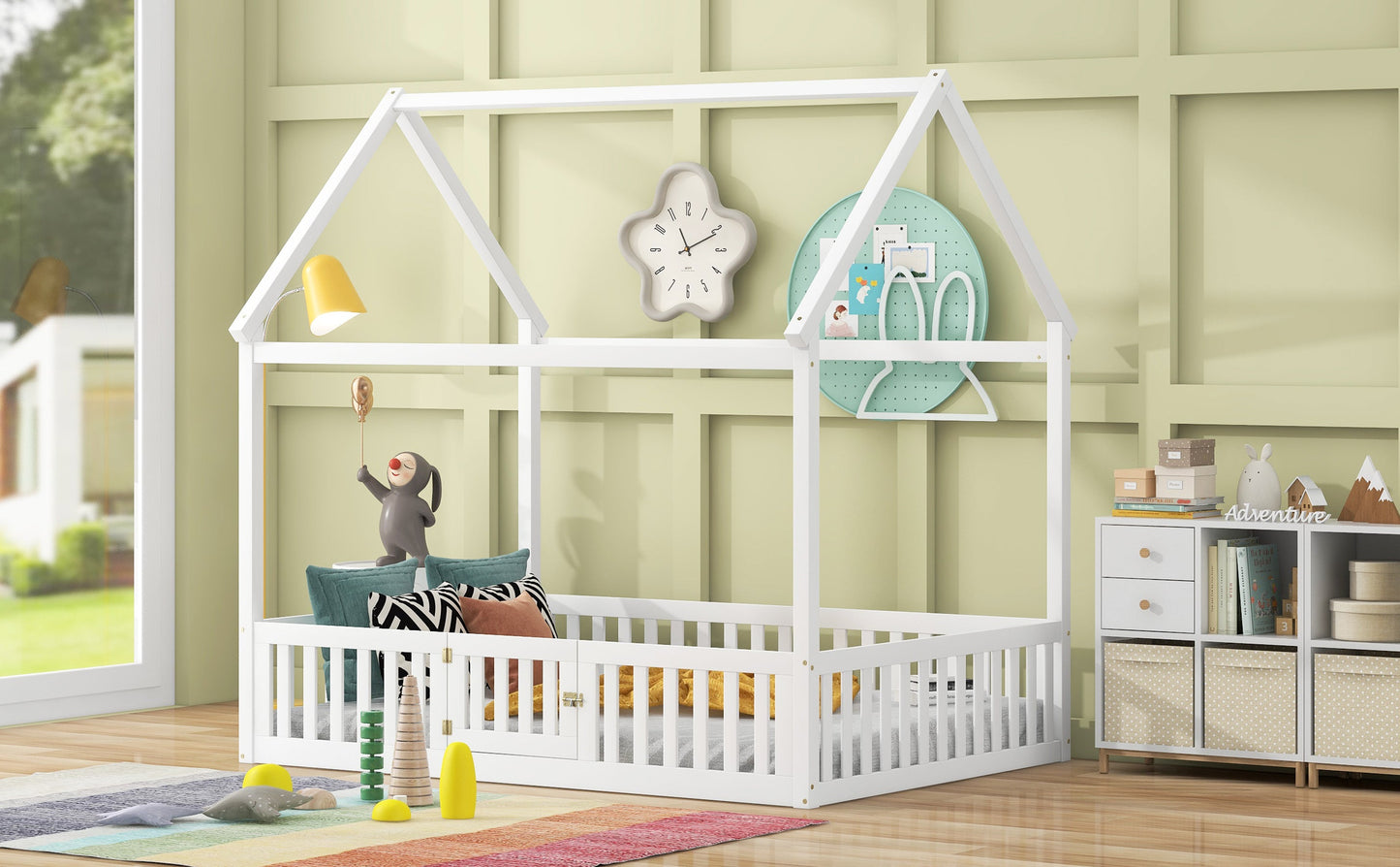Full Size Wood House Bed with Fence and Door