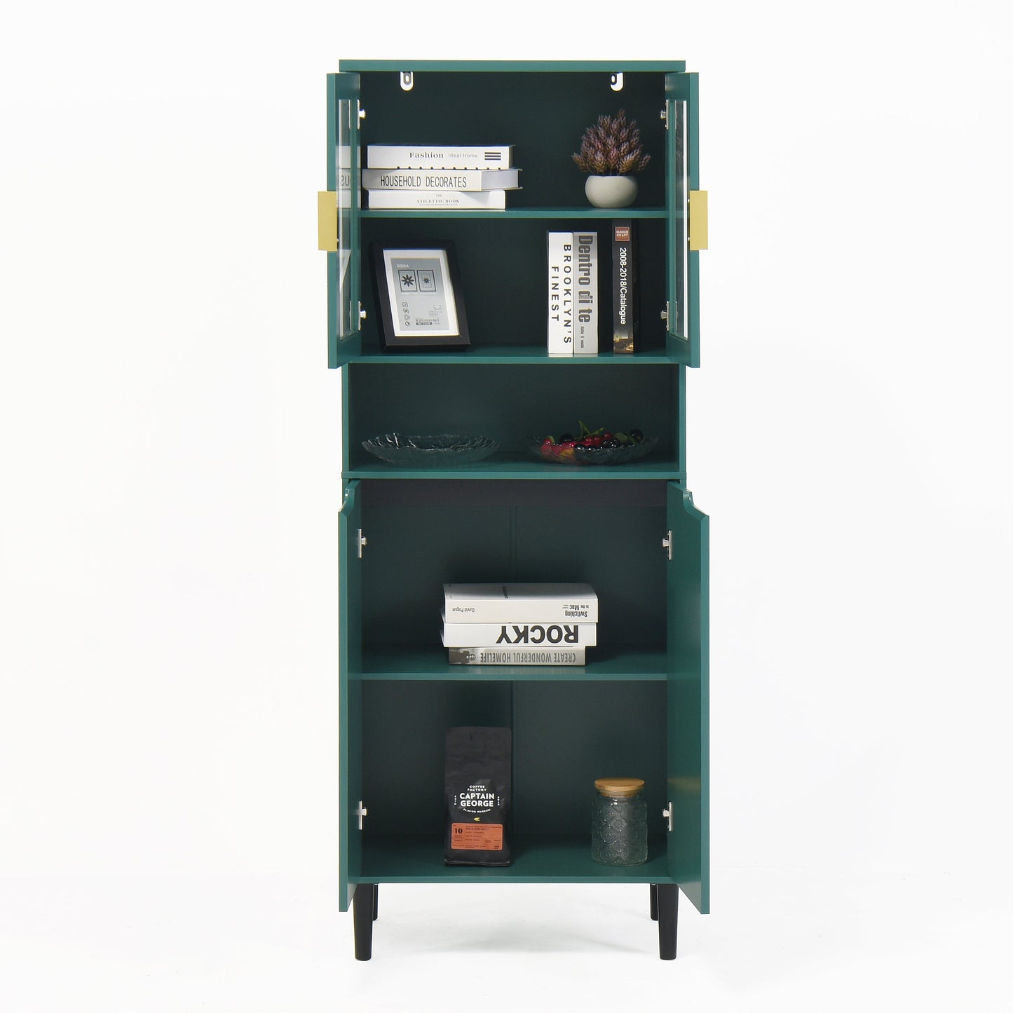Tall Storage Bookcase with 2 Glass Display Door & 2 Doors, Tall Kitchen Pantry Cabinet with Gold Handles, Modern Cabinet Freestanding Living Room Green