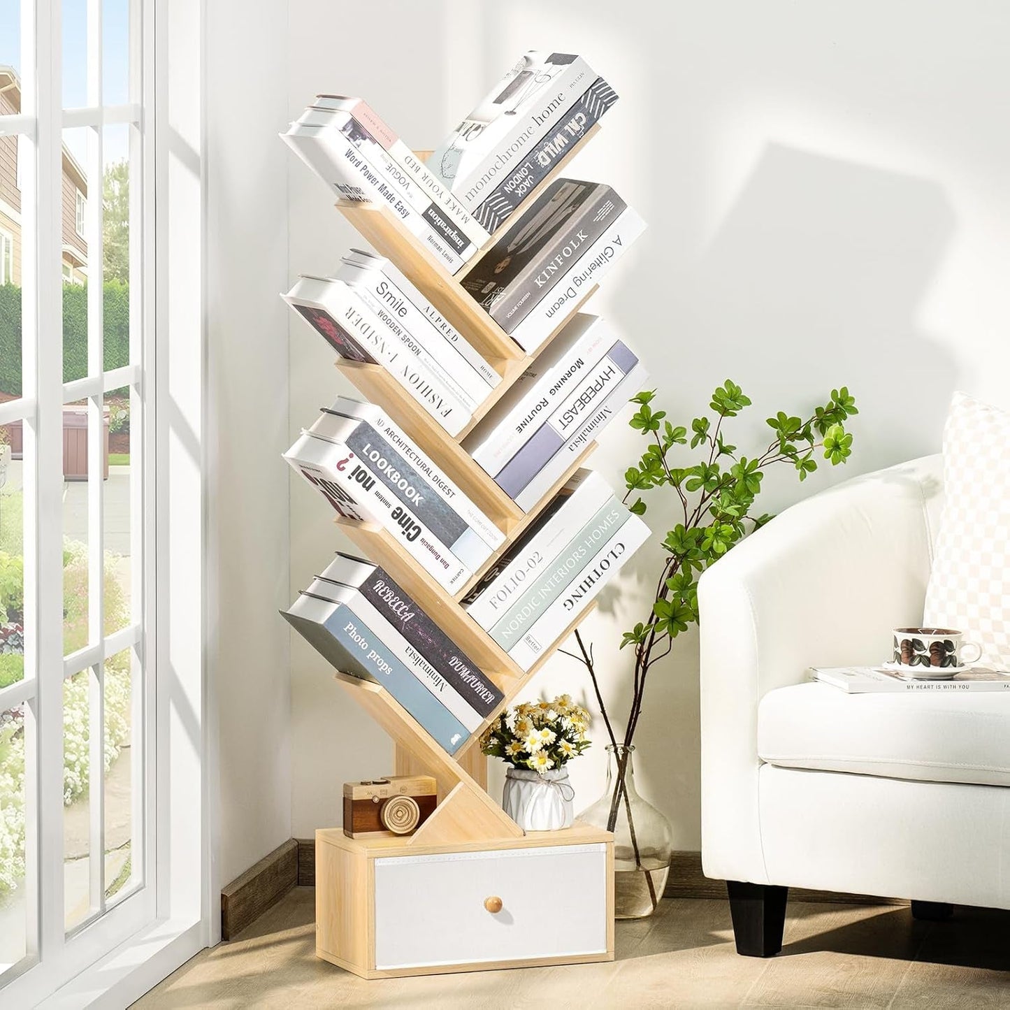 8 Tier Tree Bookshelf With Drawer Natural Wood Bookcase