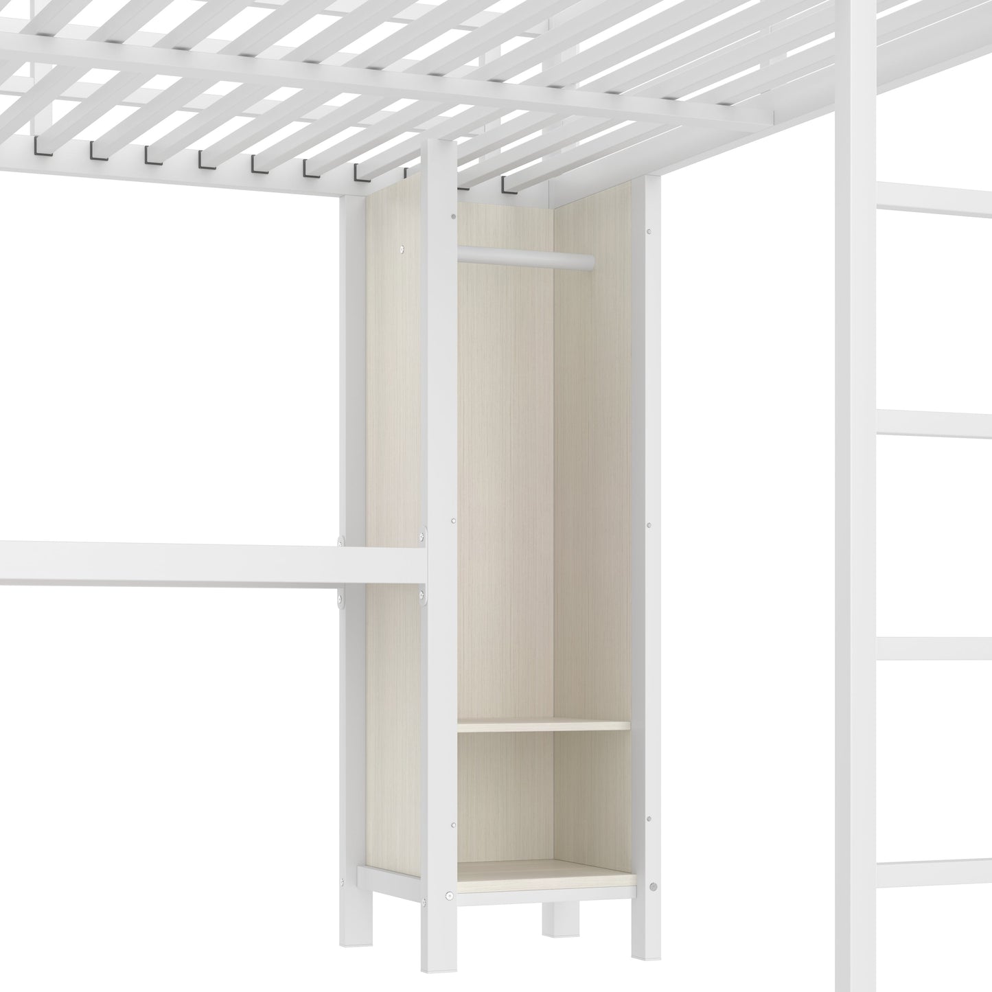 Metal Loft Bed with Wardrobe And L-shaped Desk, Queen Size Loft Bed with Storage Cubes and Shelves, Heavy Duty Loft Bed for Kids Teens Adults, White Wood-grain