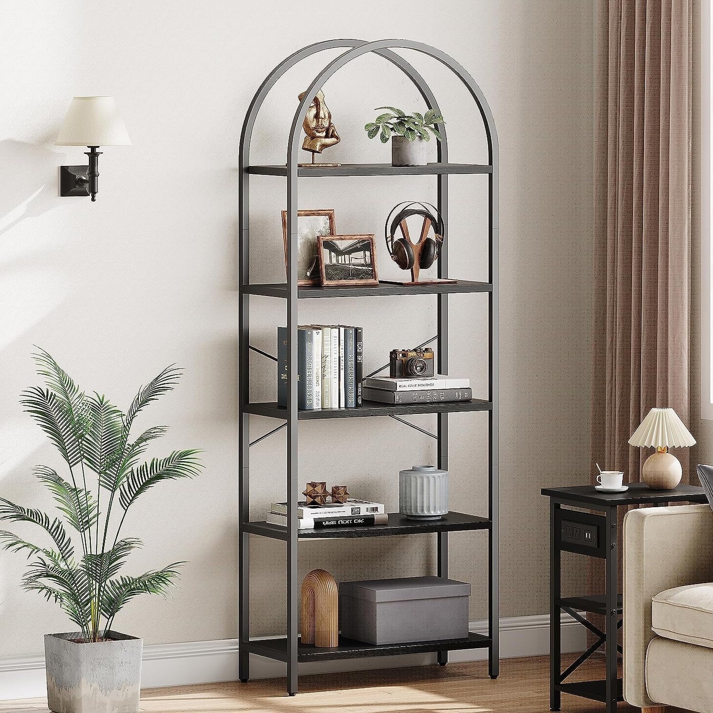 Tall Black Arched Bookcase With 5 Open Shelves For Living Room