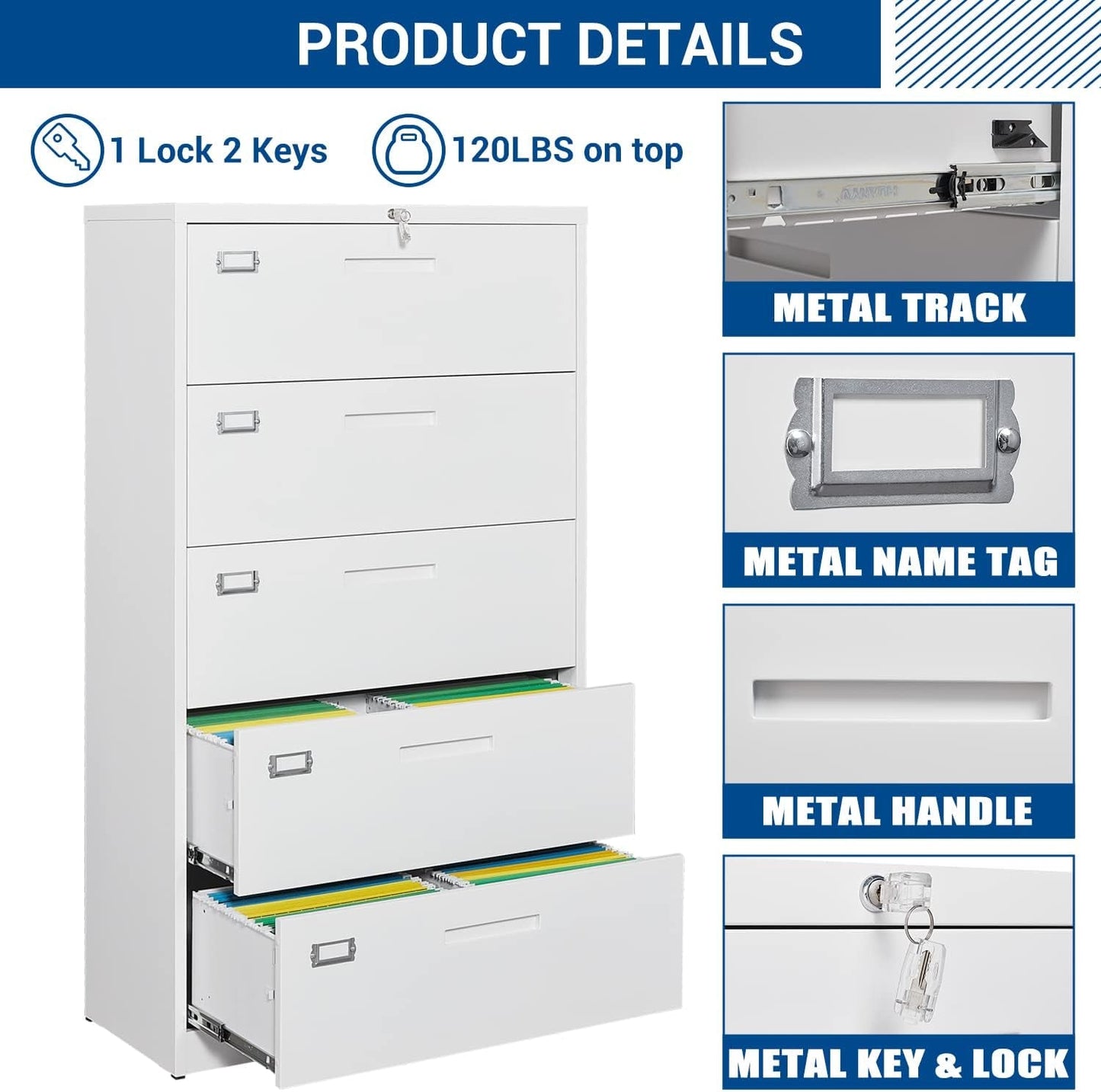 Lateral File Cabinet White 5 Drawer Lockable Office Storage