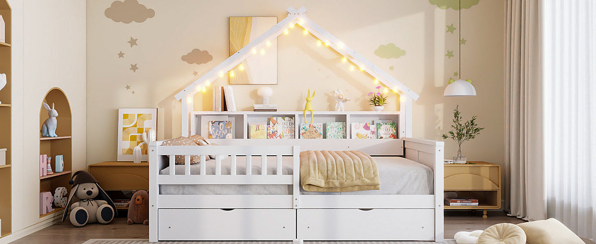 Wood Full Size House Platform Bed with LED, Storage Shelves, Drawers and Guardrail