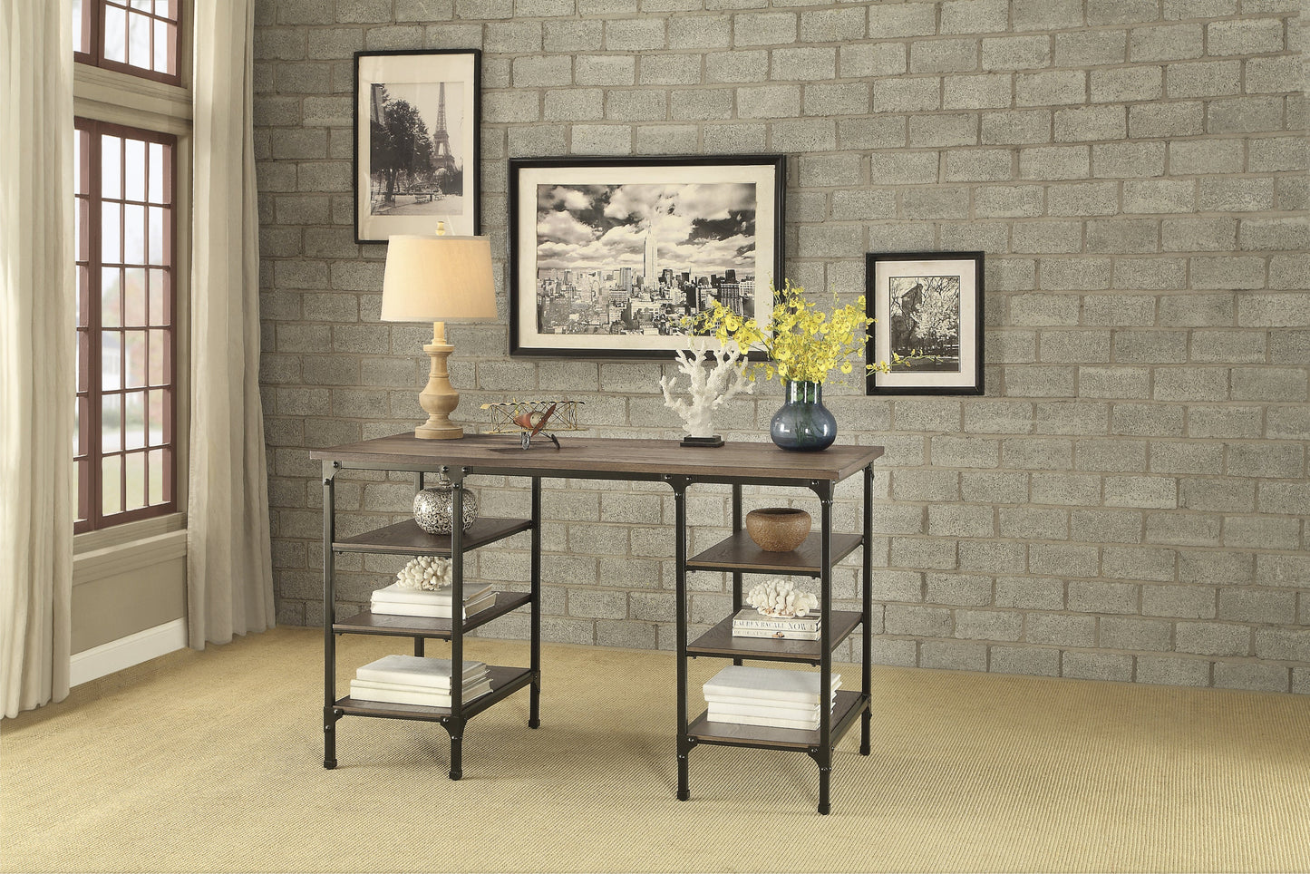 Modern Traditional Aesthetic 1pc Counter Height Writing Desk with 6x Shelves Natural Finish and Rustic Black Metal Finish
