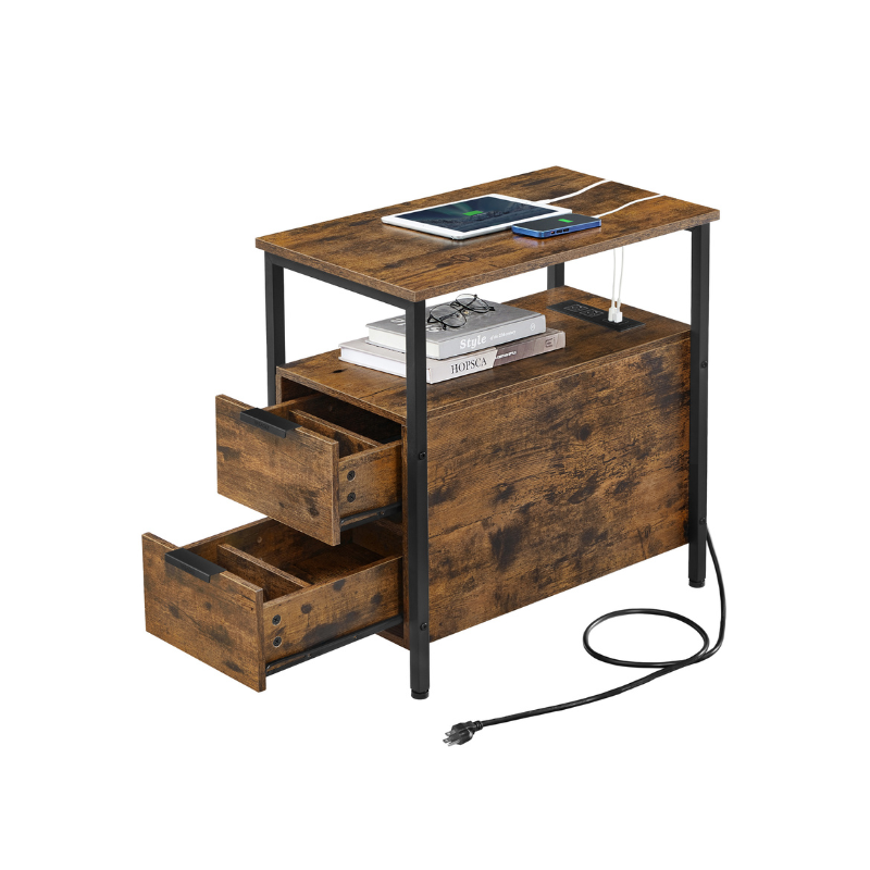 Narrow End Table with Charging Station and 2 Drawers