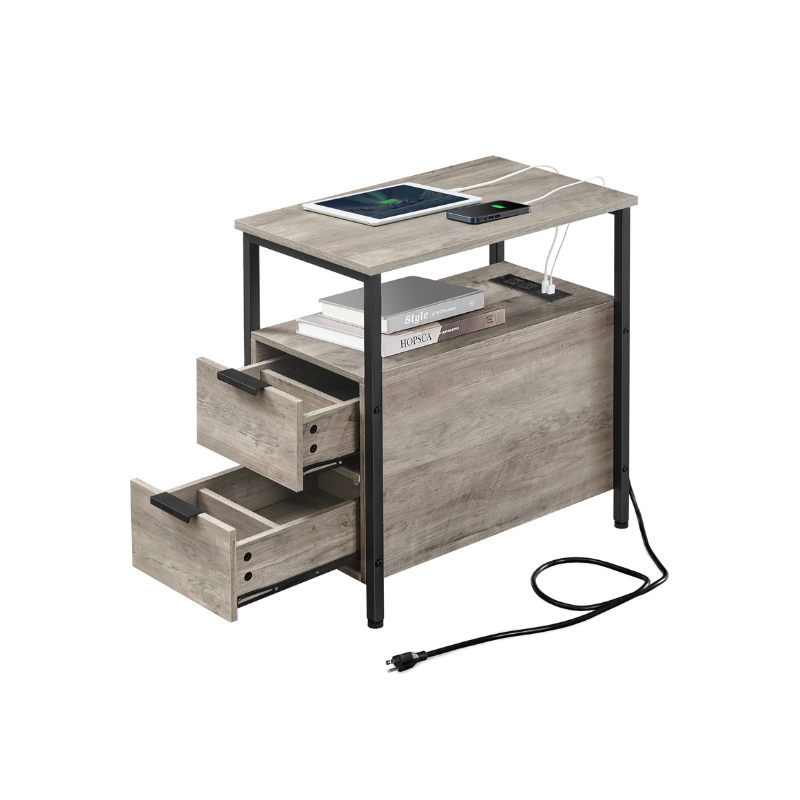 Narrow End Table with Charging Station and 2 Drawers