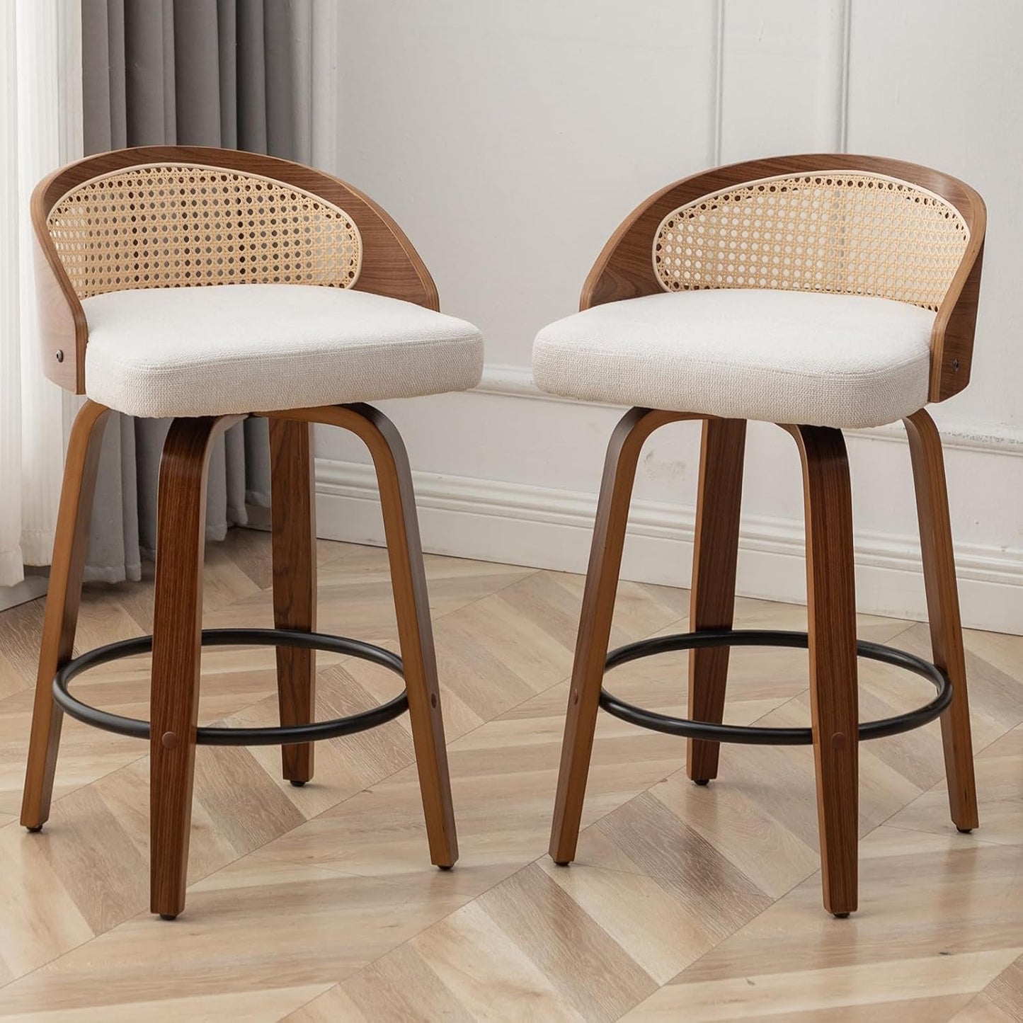 Set Of Two 25 Inch Beige Rattan Swivel Counter Stools With Linen Upholstery Mid Century Modern