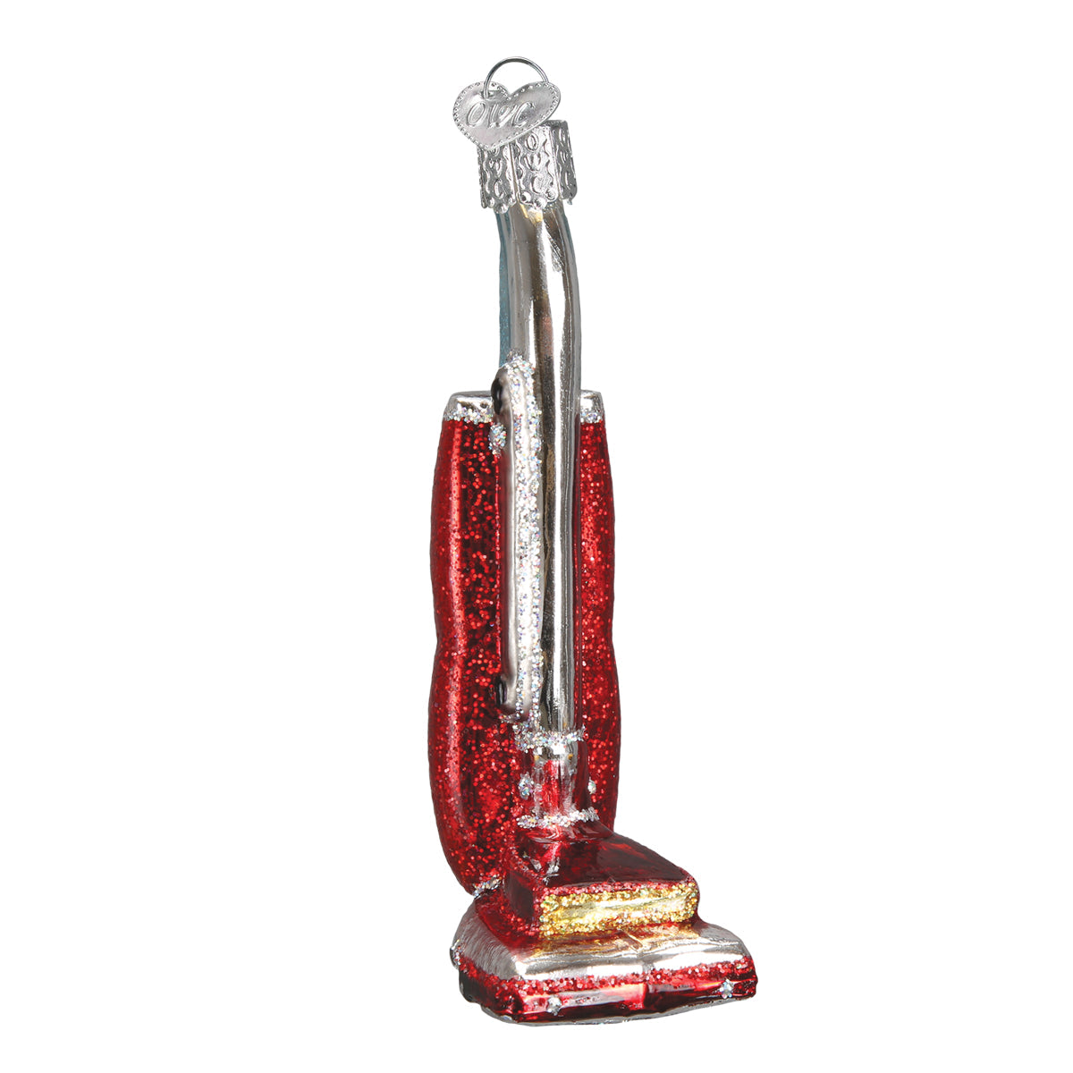 Decorative red and silver vacuum cleaner ornament on a white background