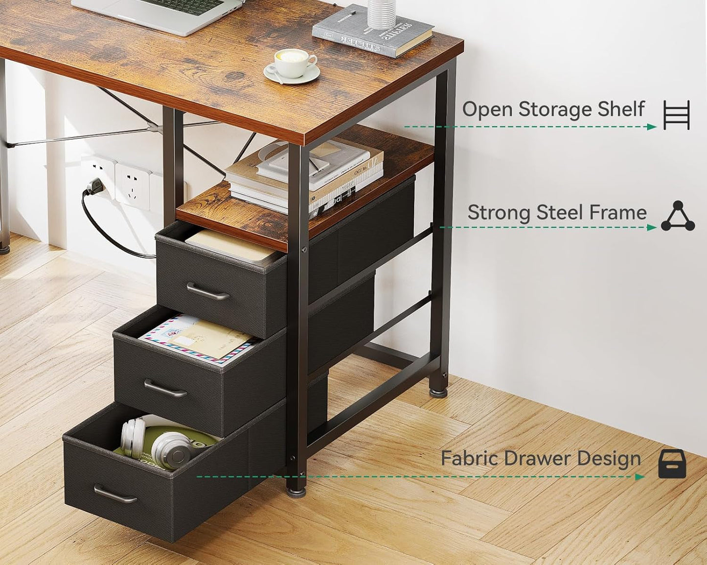 32-Inch Vintage Desk With Drawers And Charging Station