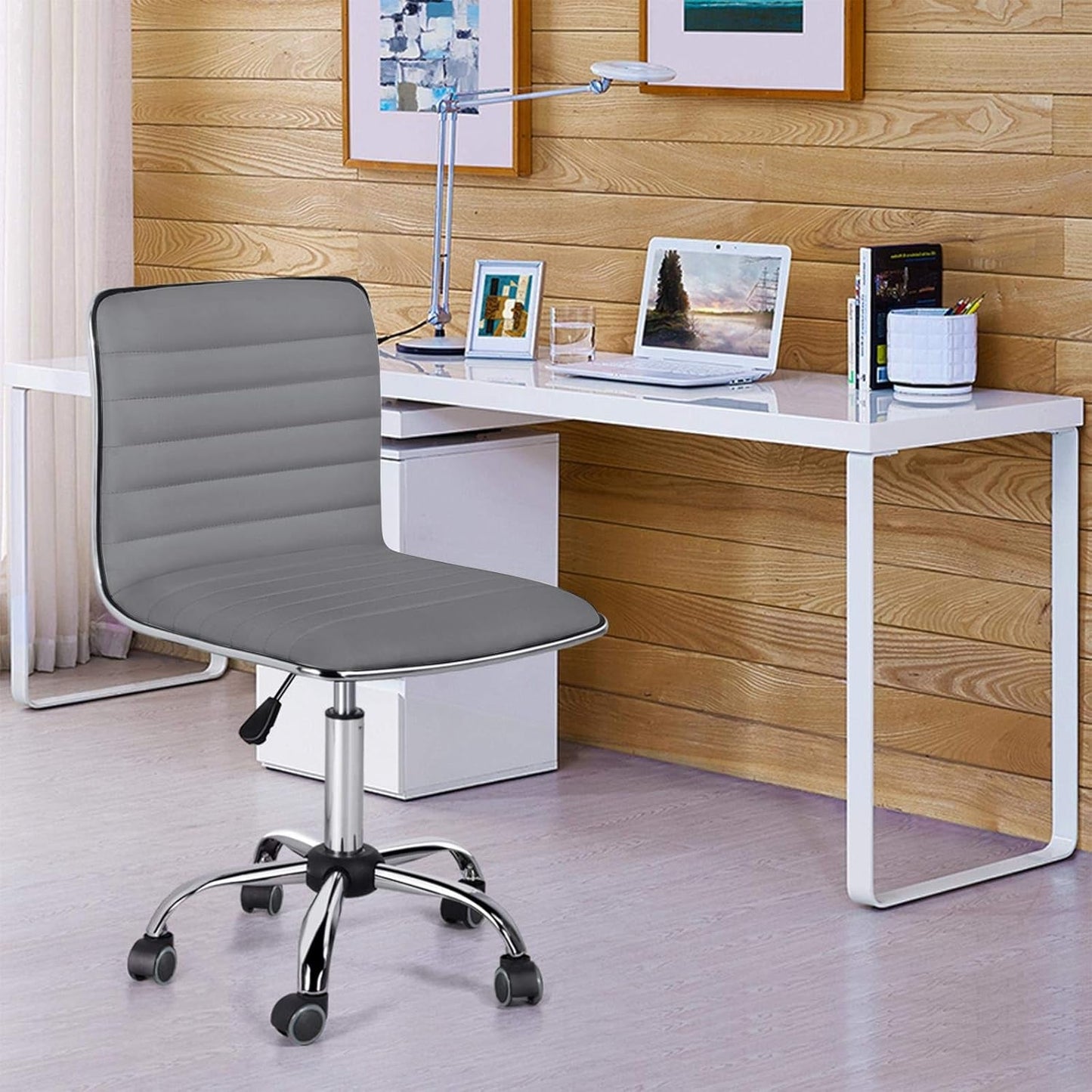 Grey PU Leather Armless Office Chair Height Adjustment