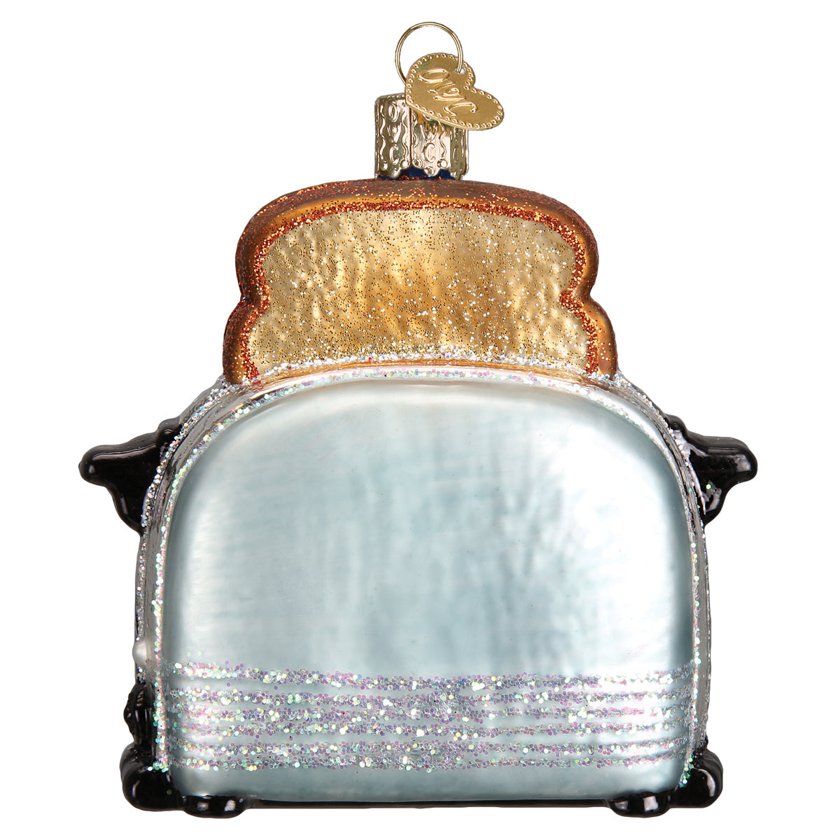Decorative glass ornament shaped like a toaster with bread on top on a white background