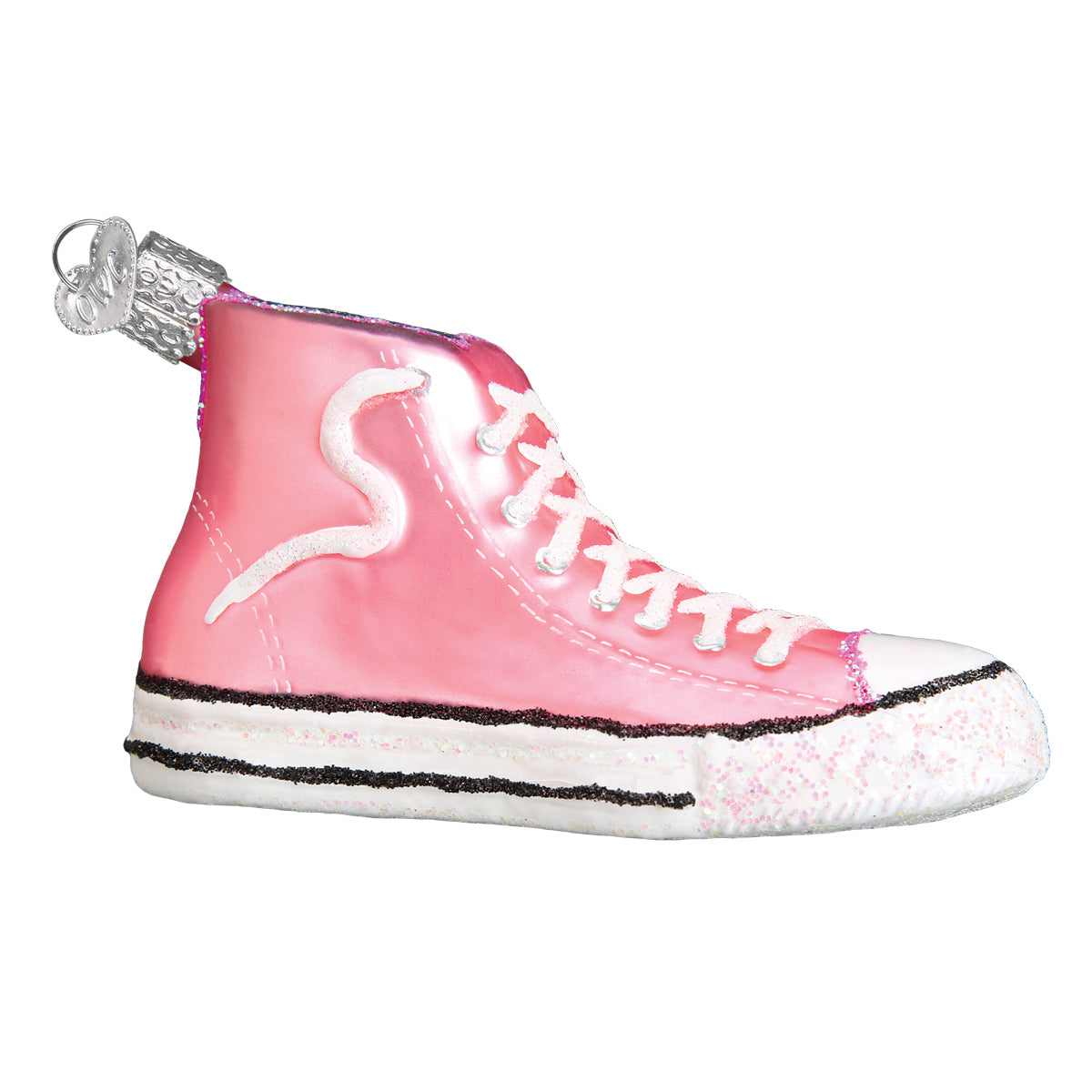 Pink high-top sneaker ornament with white laces on a white background
