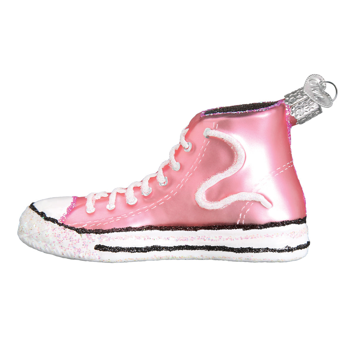 Pink hi-top sneaker ornament with white laces on a white background