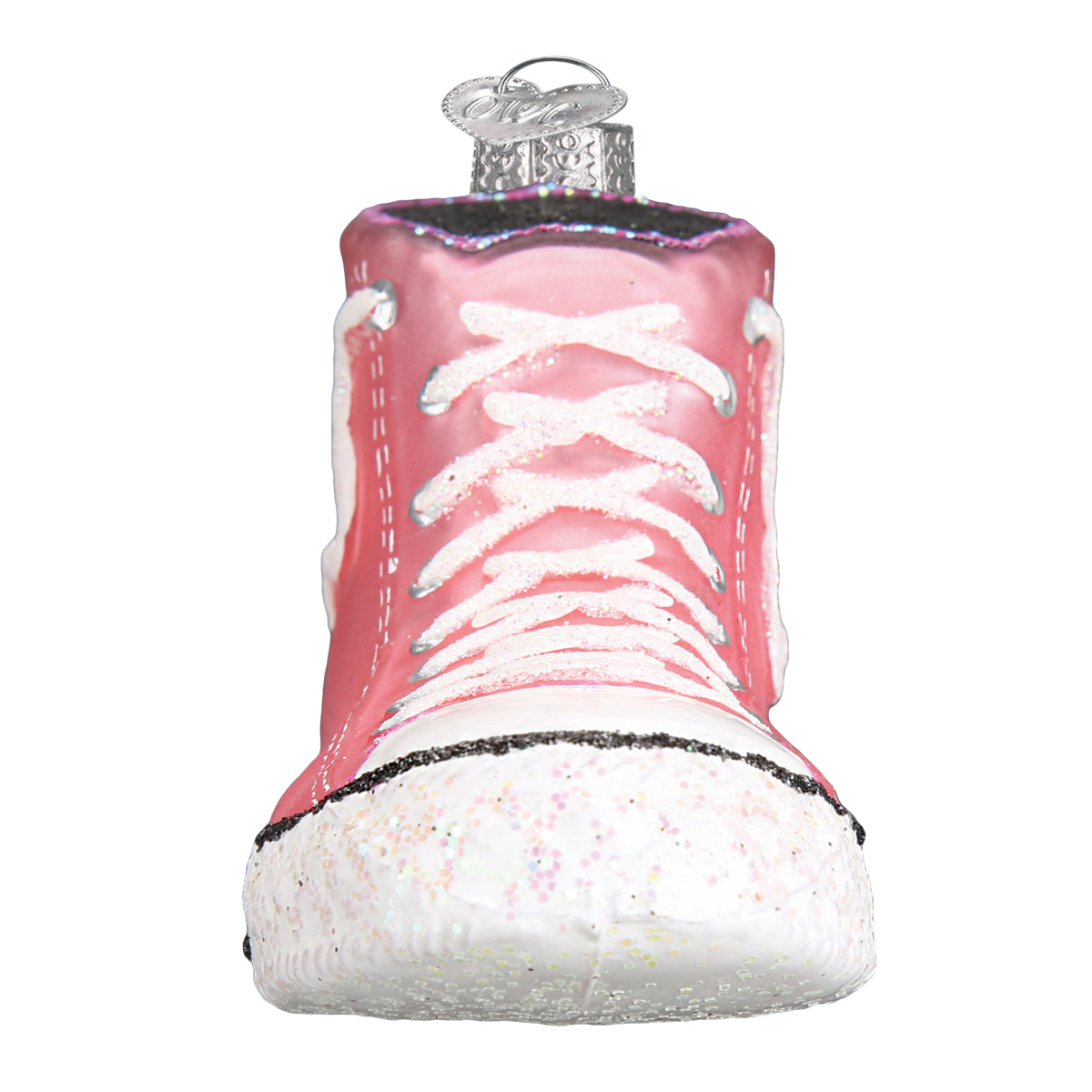Pink high-top sneaker ornament with white laces on a white background